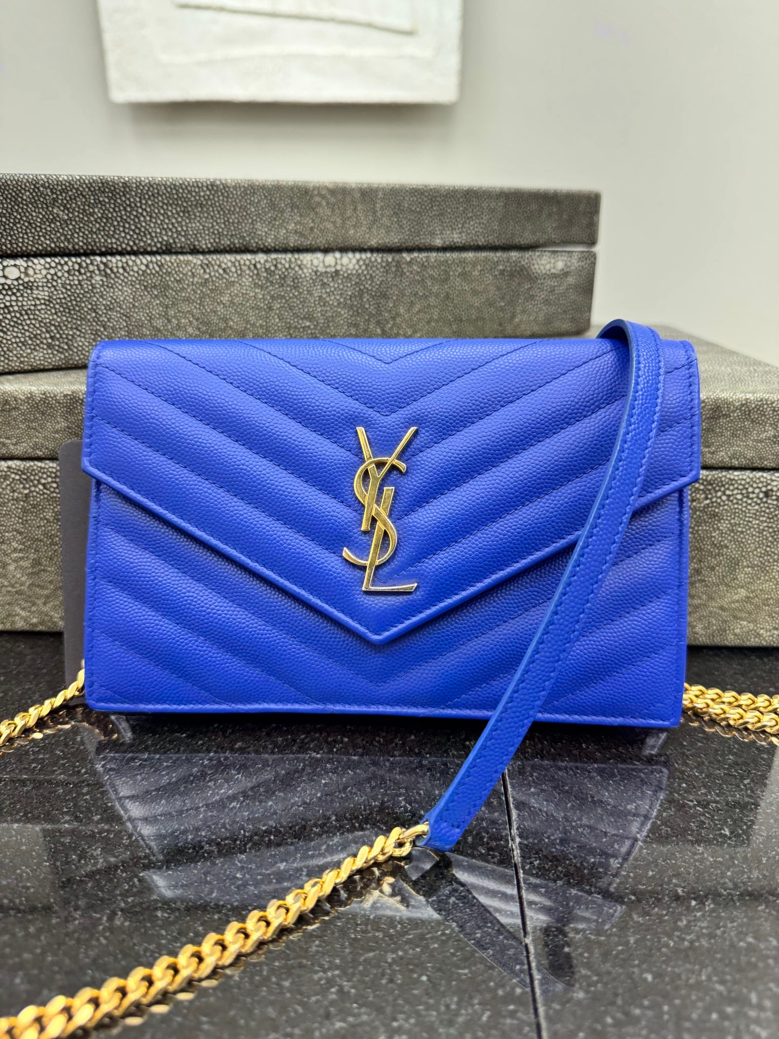 Saint Laurent YSL Blue Chevron Quilted Leather Ophidia Chain Shoulder Bag
