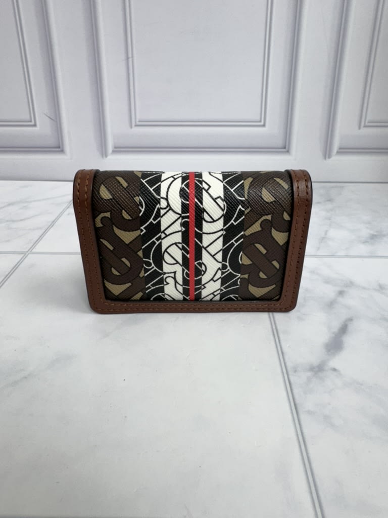 Burberry Brown Monogram Coated Canvas Stripe Jessie TB Wallet On A Chain