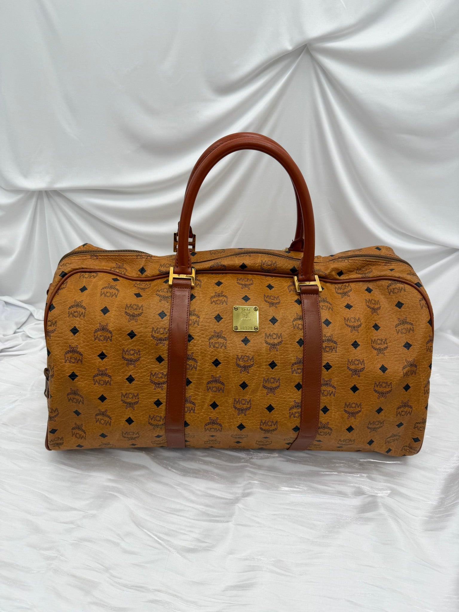 MCM Cognac Visetos Coated Canvas Duffle Bag