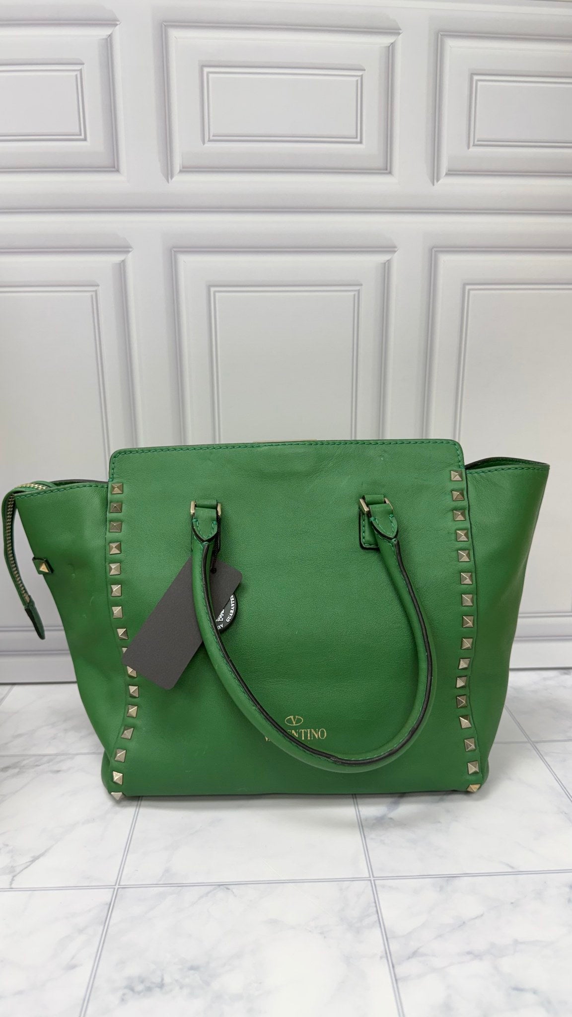 Valentino Green Leather Rockstud Trapeze Tote Bag