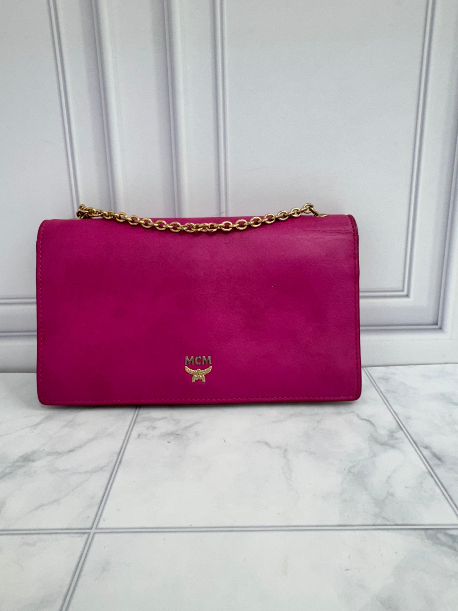 MCM Pink Studded Leather Wallet On A Chain