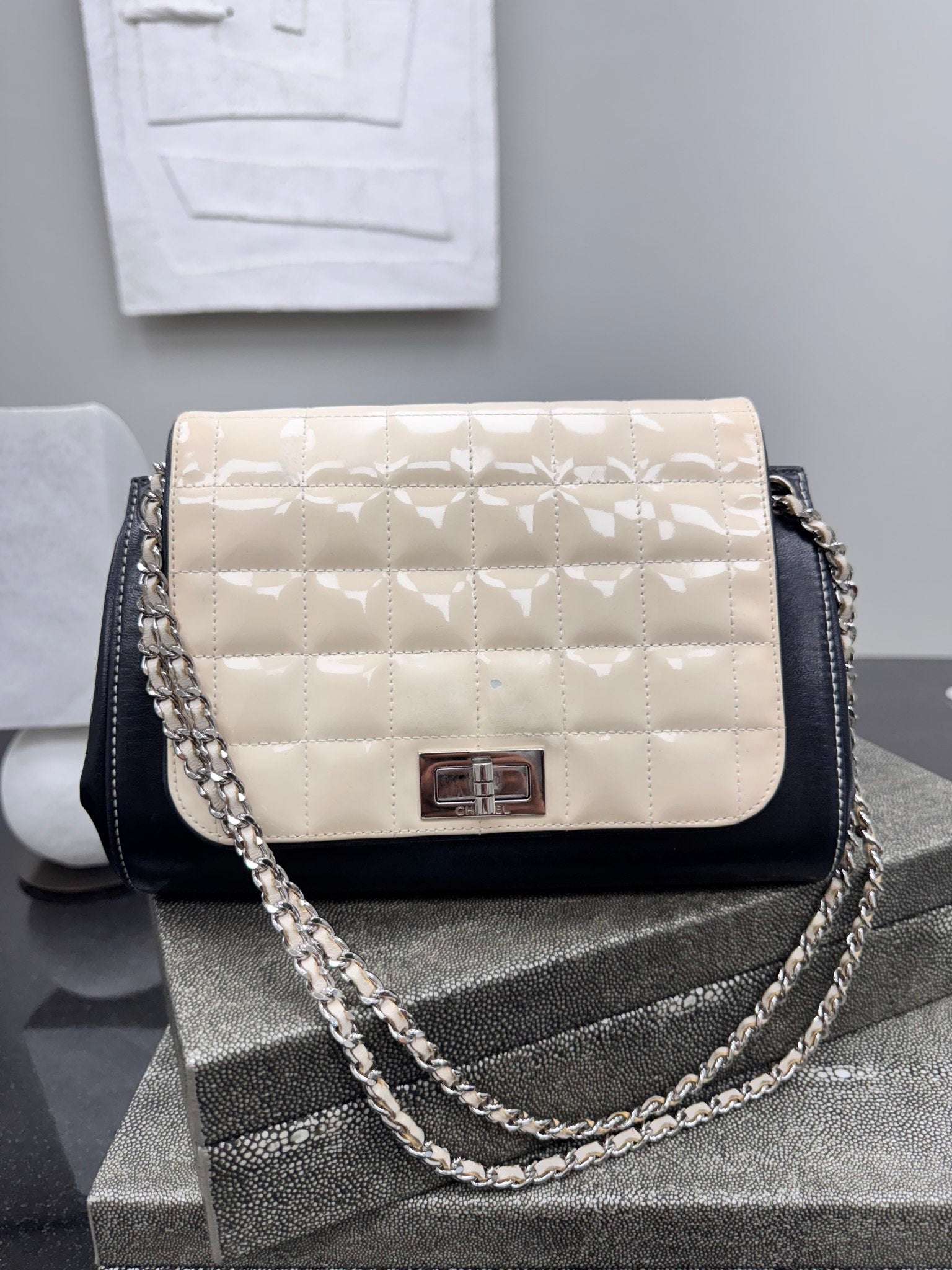 Chanel Beige And Black Quilted patent Leather Chocolate Bar Chain Flap Bag