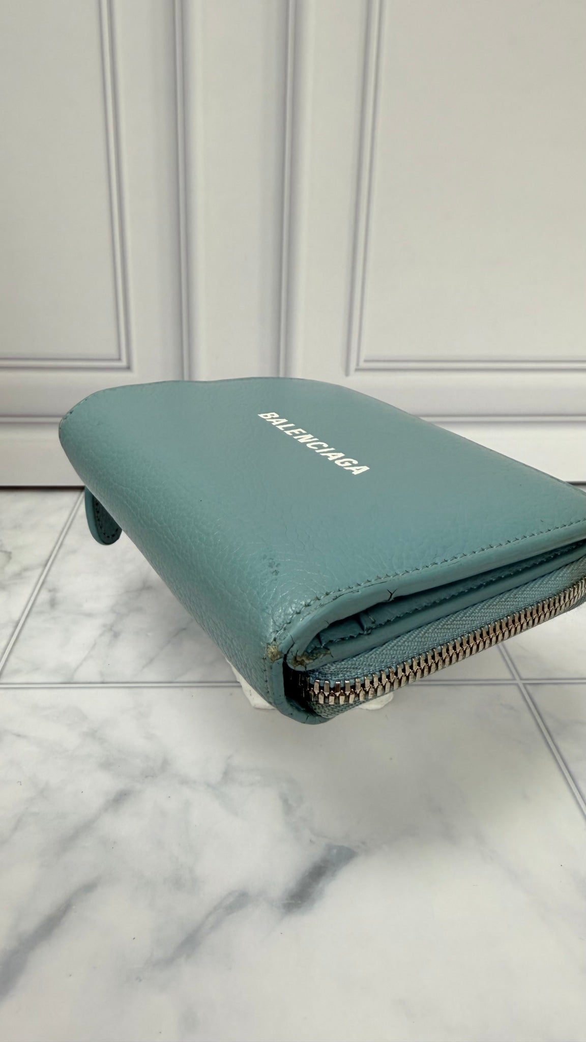 Balenciaga Light Blue Grained Leather Zippy Compact Wallet