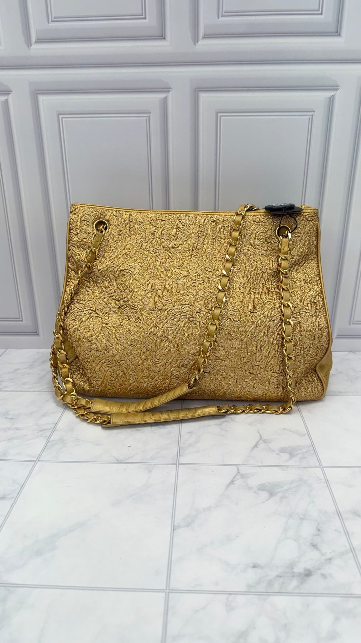 Chanel Vintage Metallic Gold Textile & Leather Brocade Chain Tote Bag