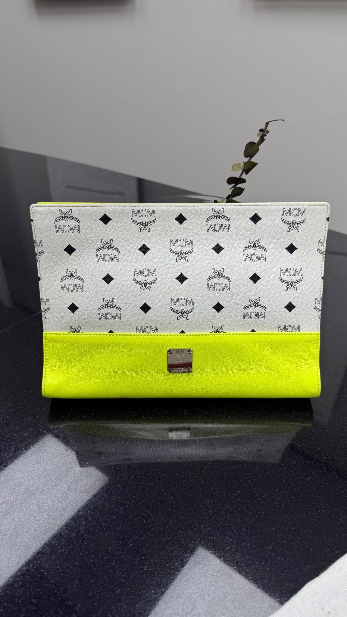 MCM White Visetos Coated Canvas & Neon Green Leather Clutch