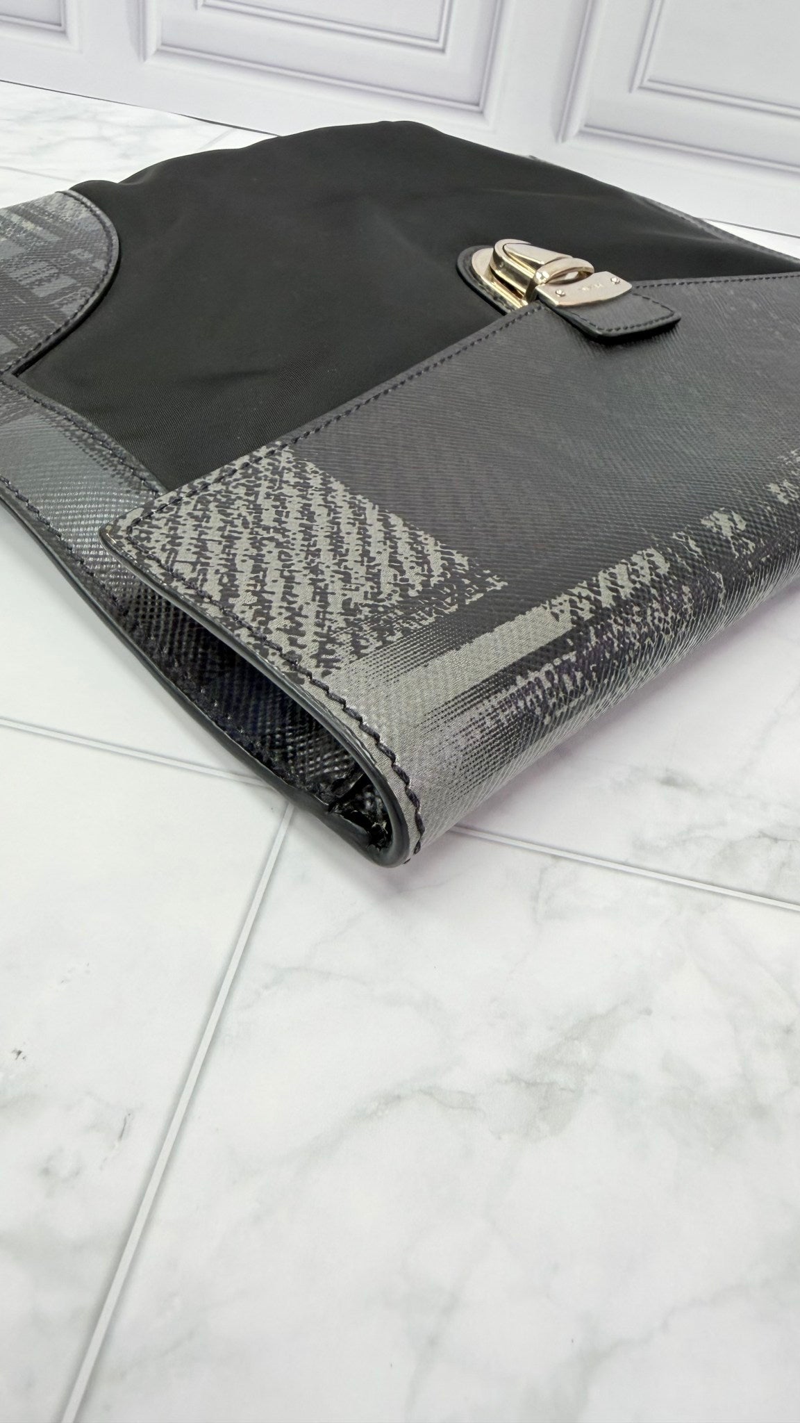 Prada Black Nylon & Saffiano Printed Leather Documents Pouch