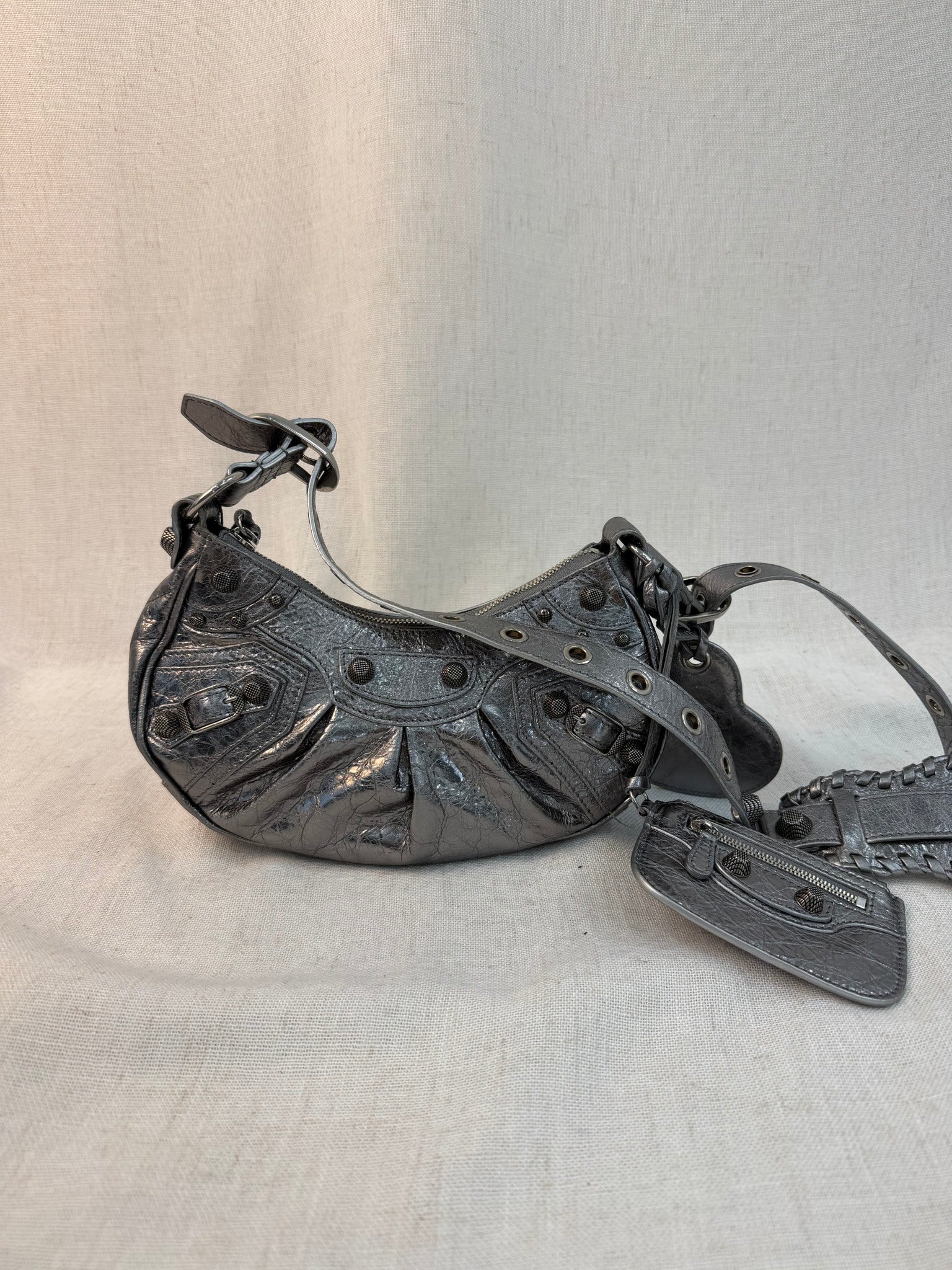 Balenciaga Silver Leather Le Cagole Small Shoulder Bag