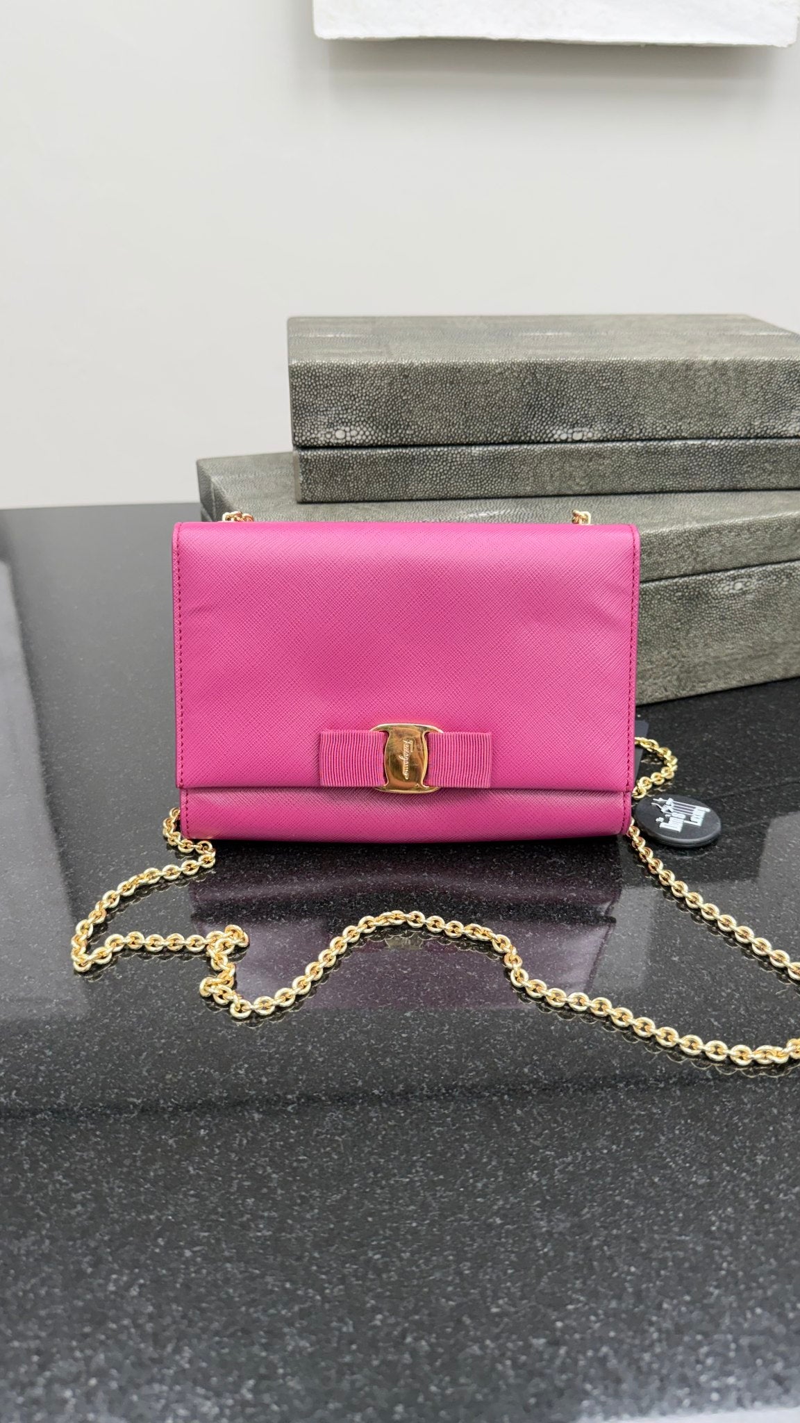 Salvatore Ferragamo Magenta Leather Bow Ginny Chain Bag