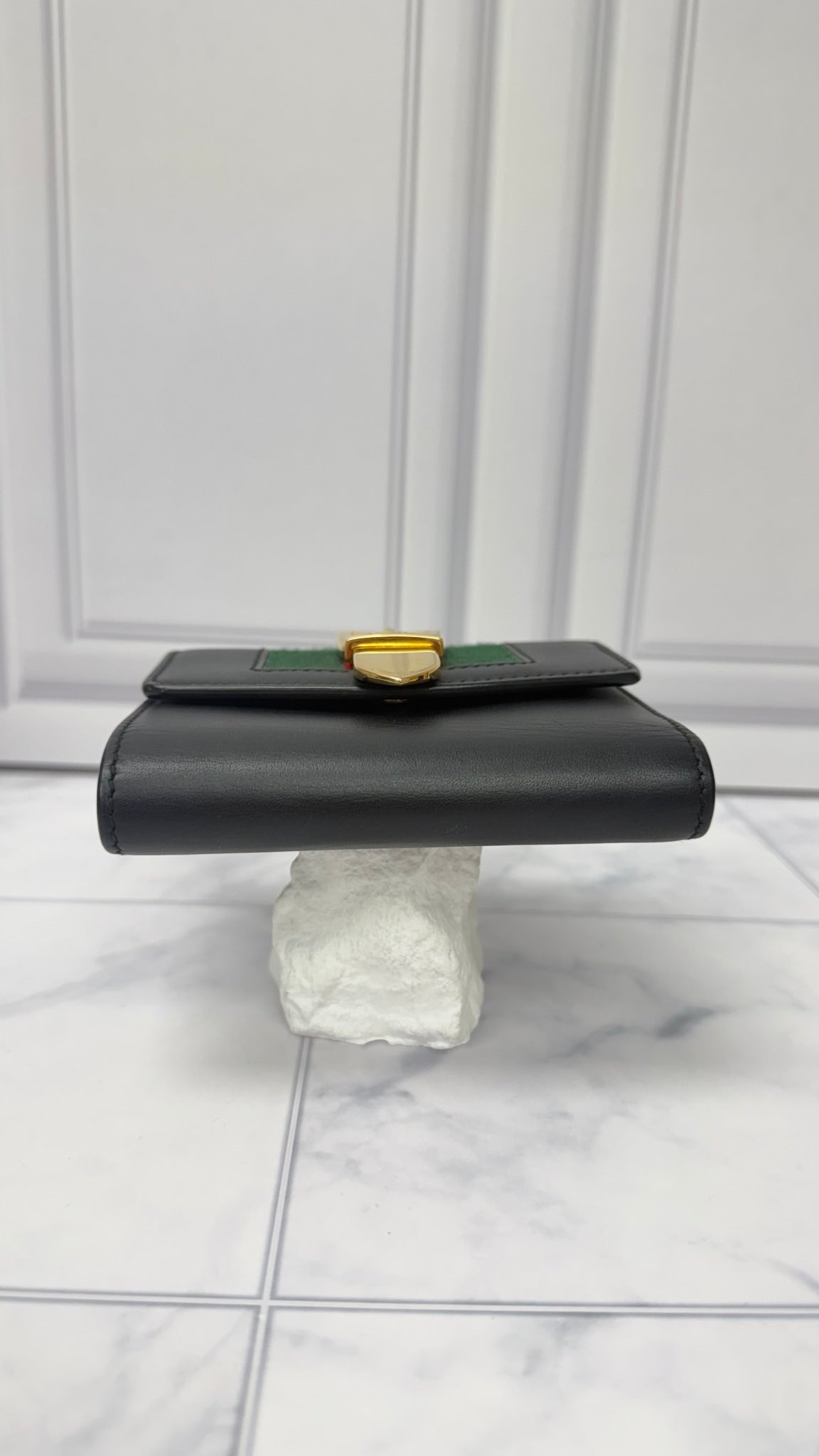 Gucci Black Leather Web Sylvie Compact Trifold Wallet