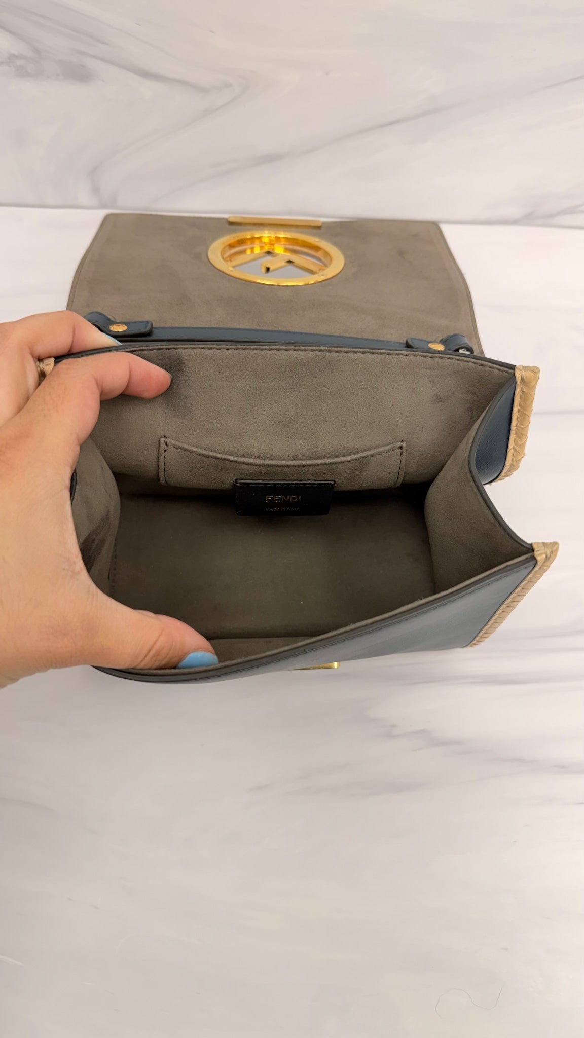Fendi Navy And Beige Leather Kan I Chain Shoulder Bag