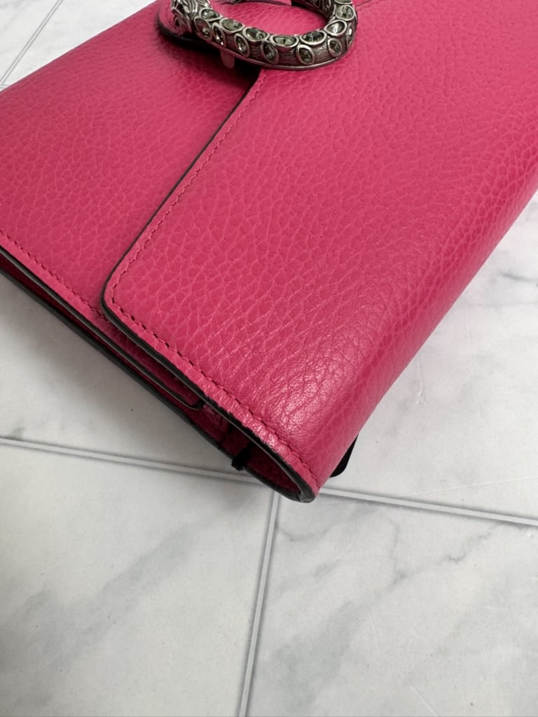 Gucci Hot Pink Grained Leather Dionysus Wallet On A Chain