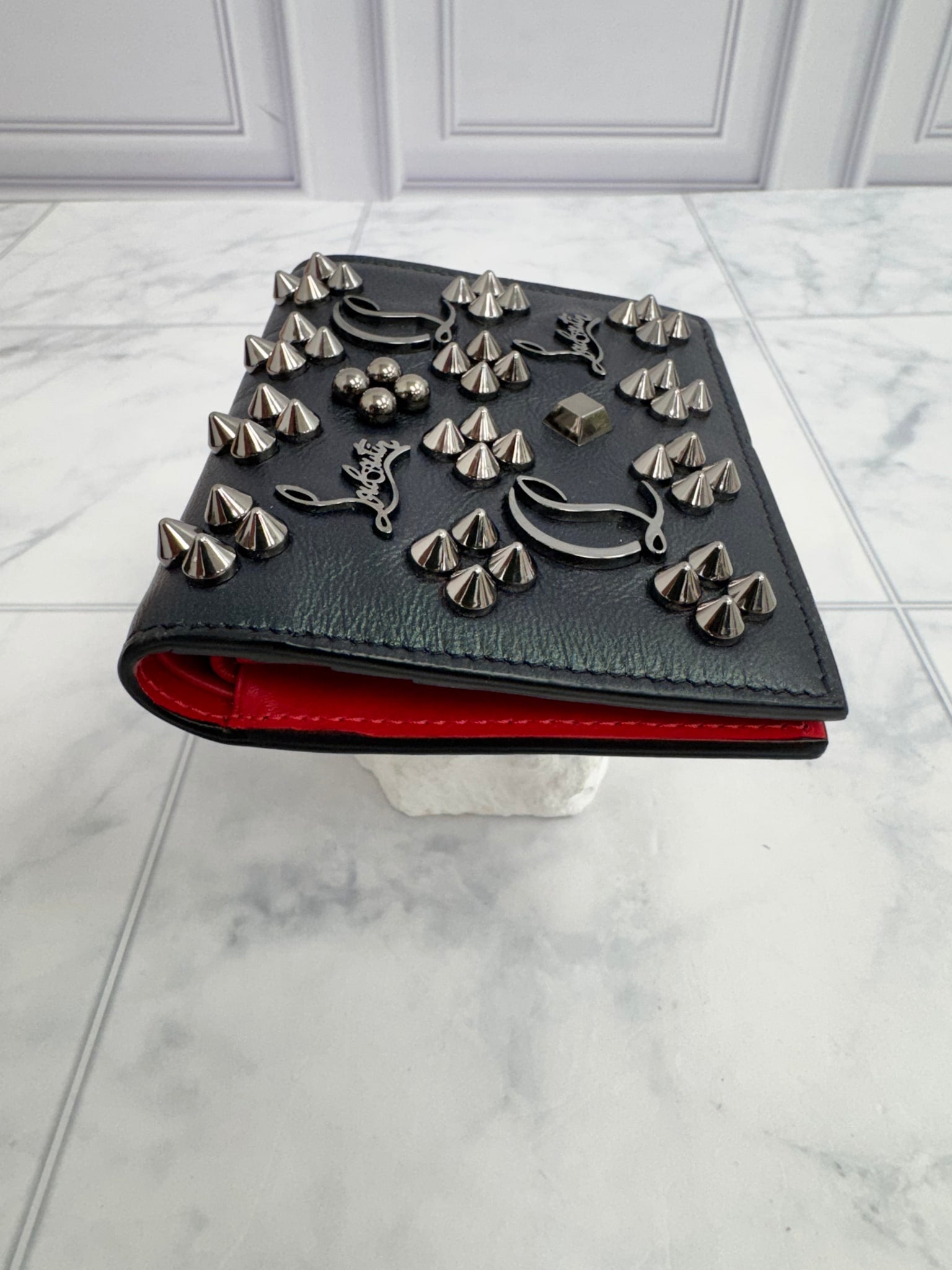Christian Louboutin Iridescent Black Studded Leather Compact Bifold Wallet