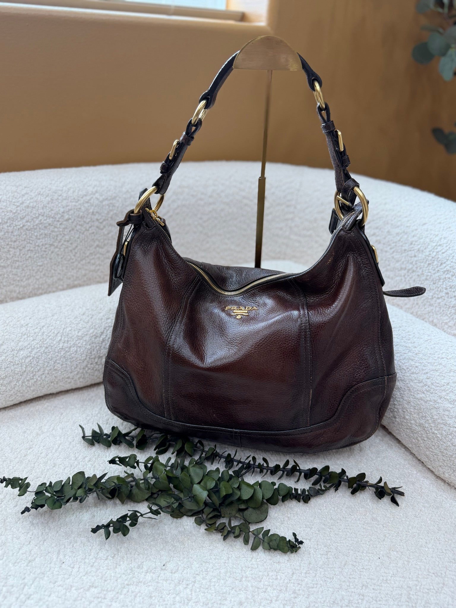 Prada Brown Leather Cervo Antik Hobo Handbag