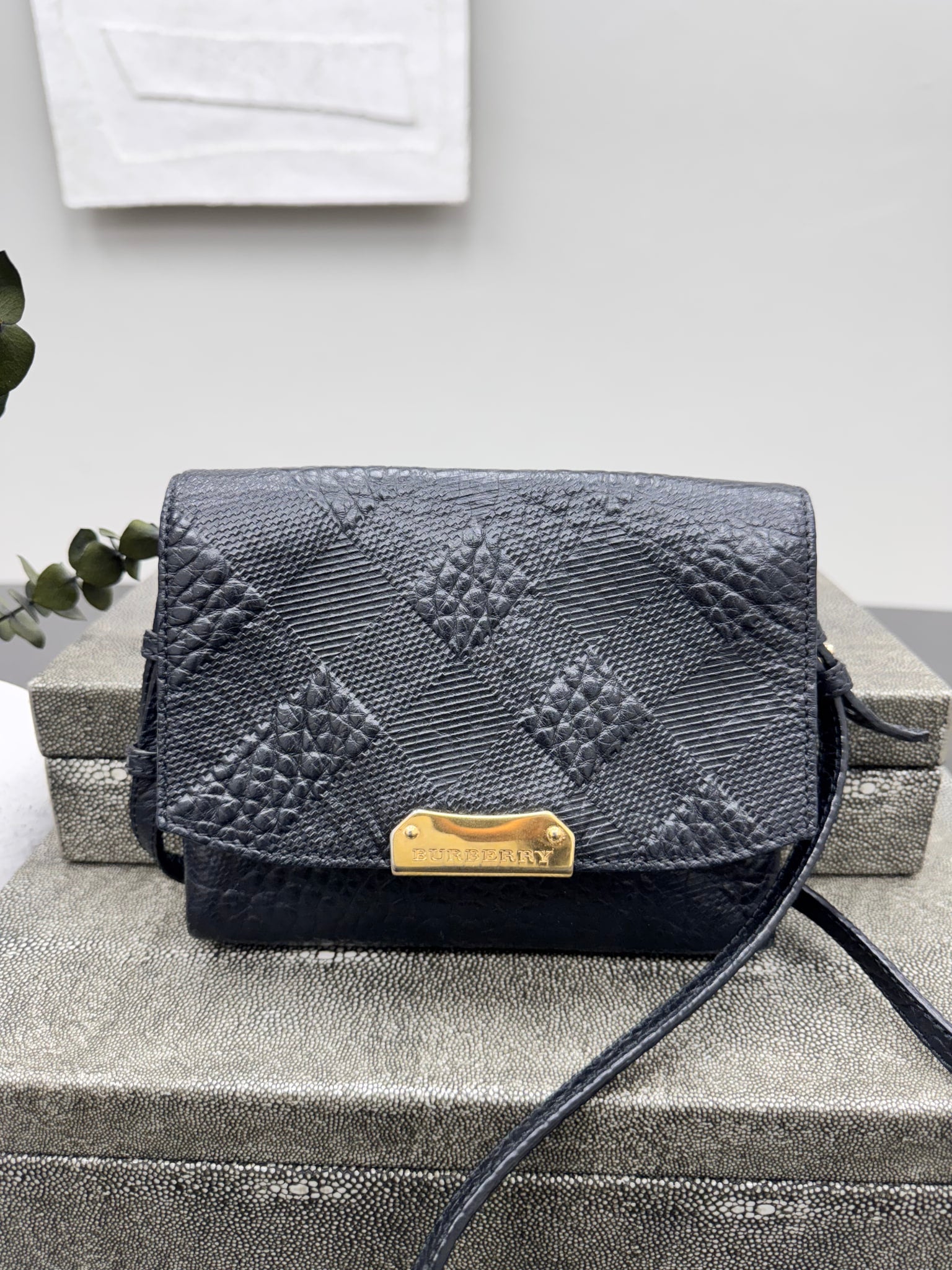 Burberry Black Grained Leather Langley Crossbody Bag