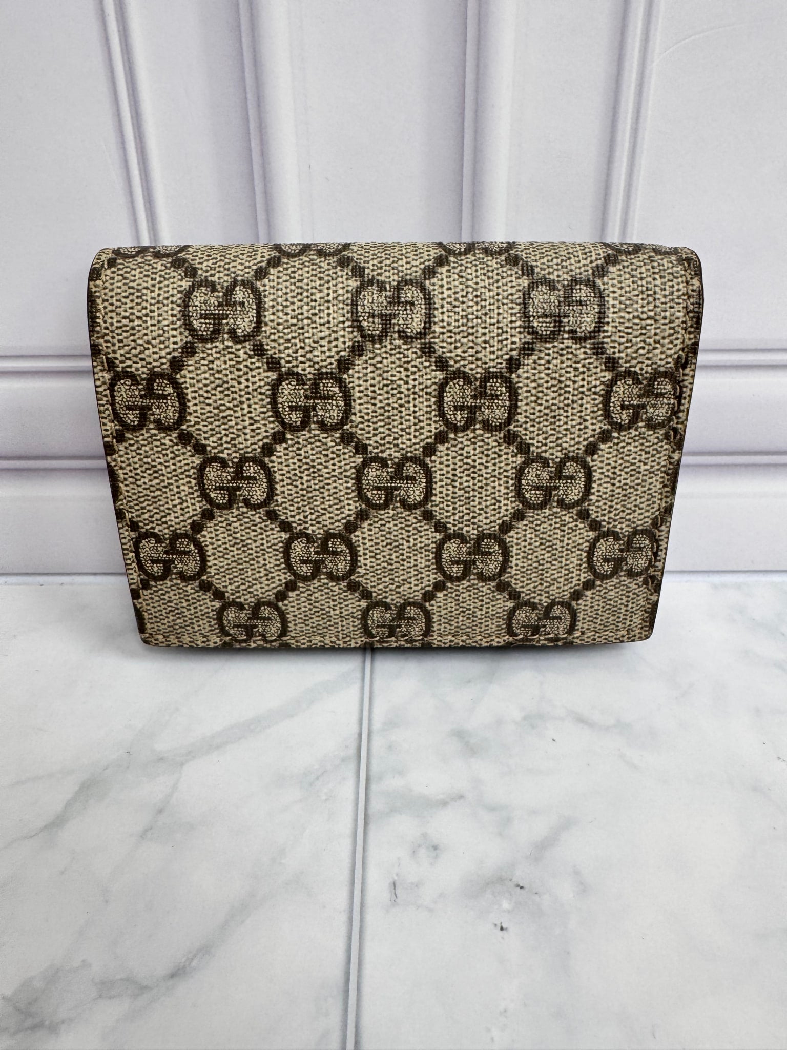 LIKE NEW - Gucci GG Supreme Monogram Coated Canvas Compact Wallet