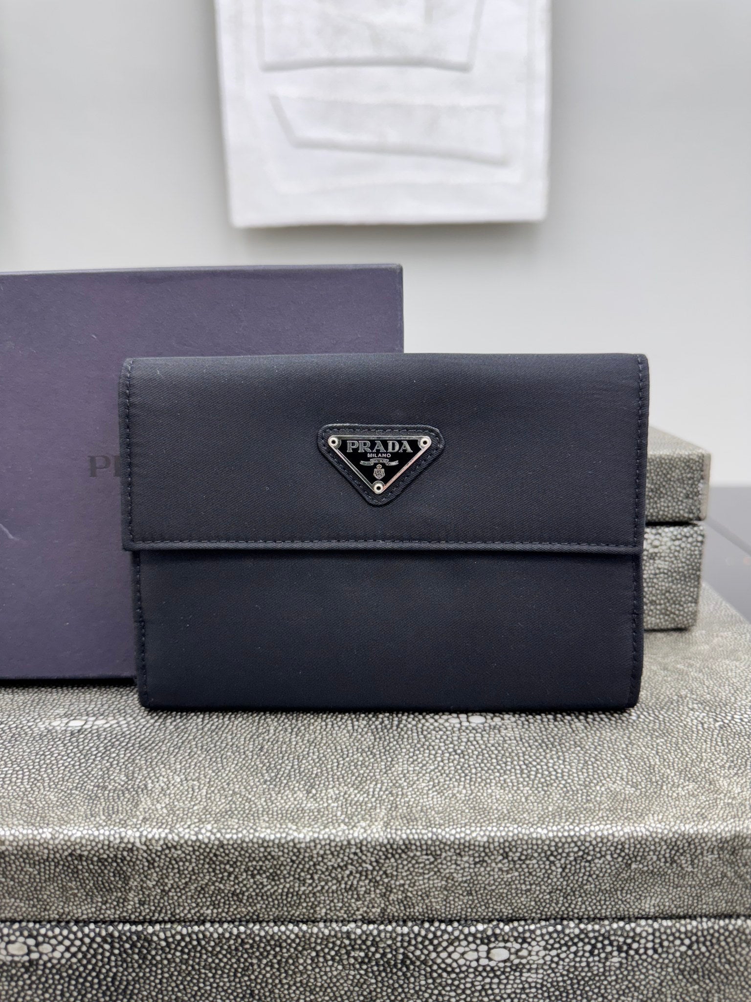 Prada Black Nylon Medium French Envelope Compact Wallet