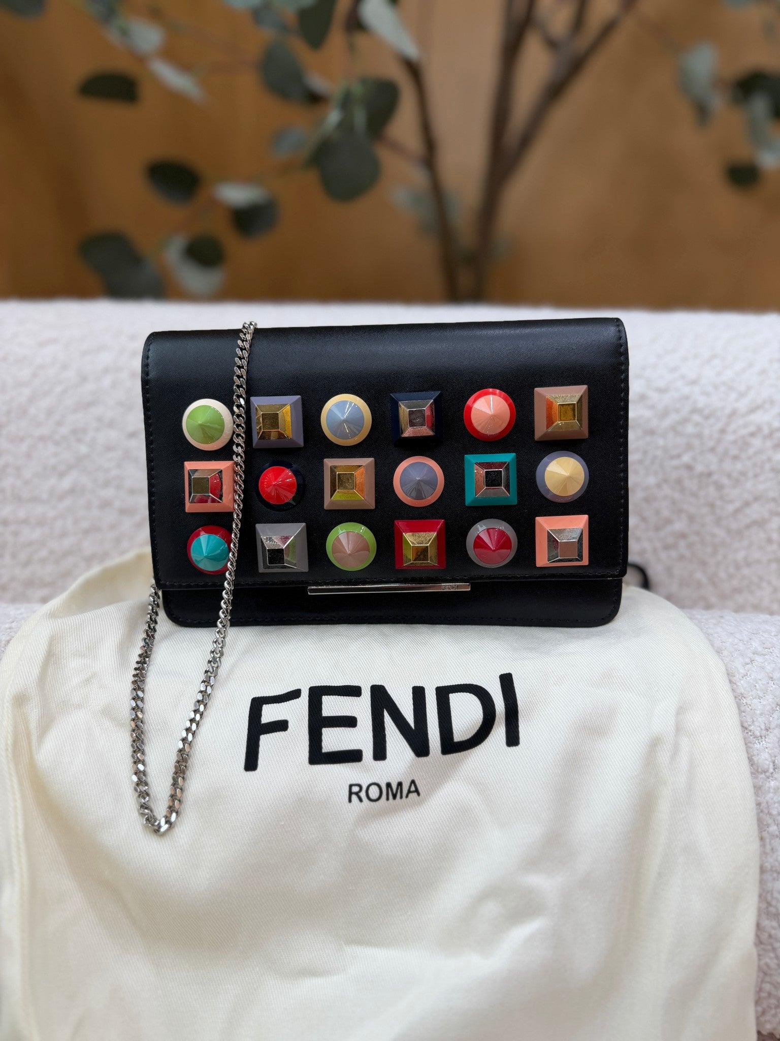 Fendi Black Leather Studded Chain Crossbody
