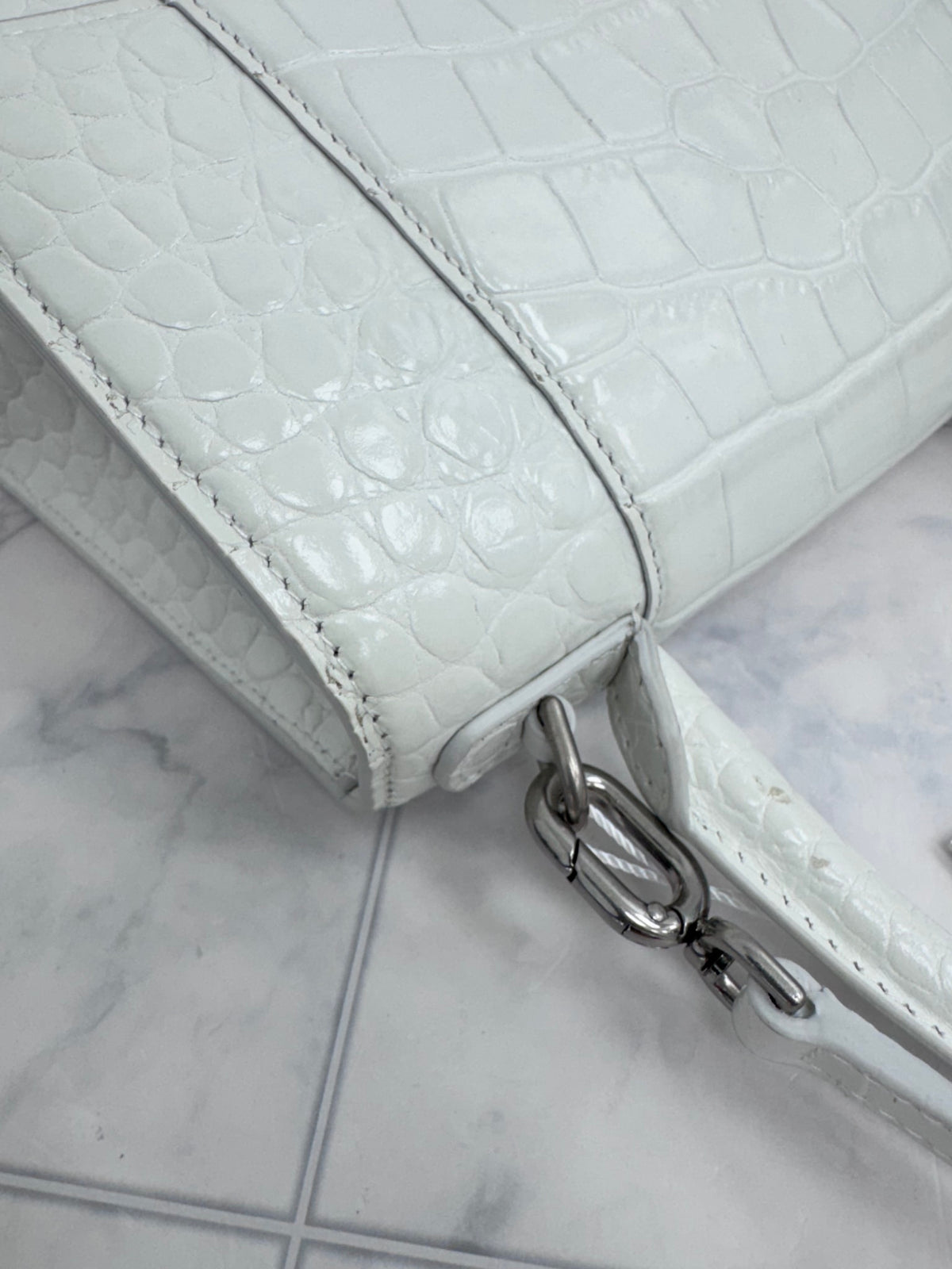Balenciaga White Croc Embossed Hourglass Top Handle Bag