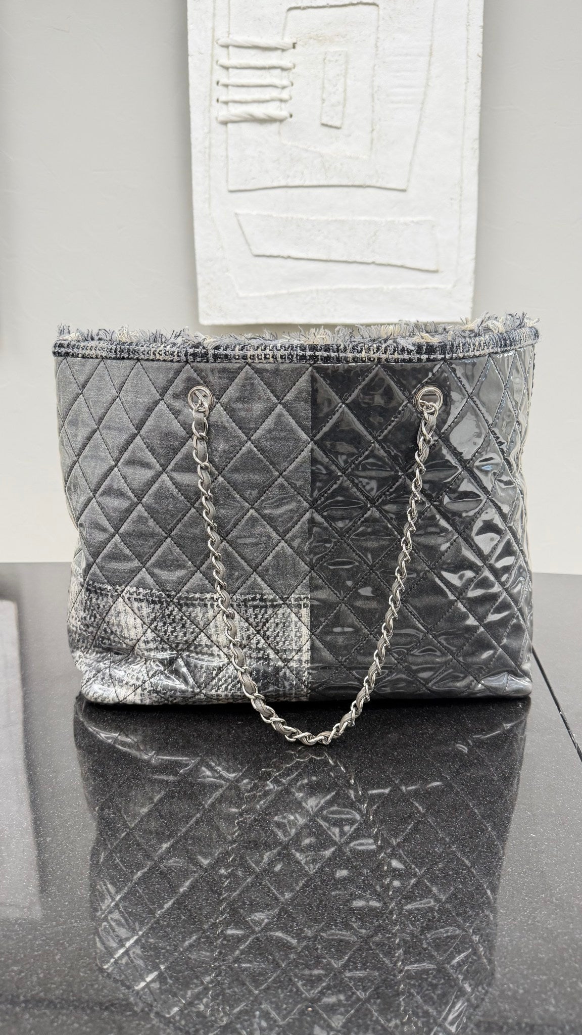 Chanel Grey Vinyl Funny Tweed Patchwork Tote