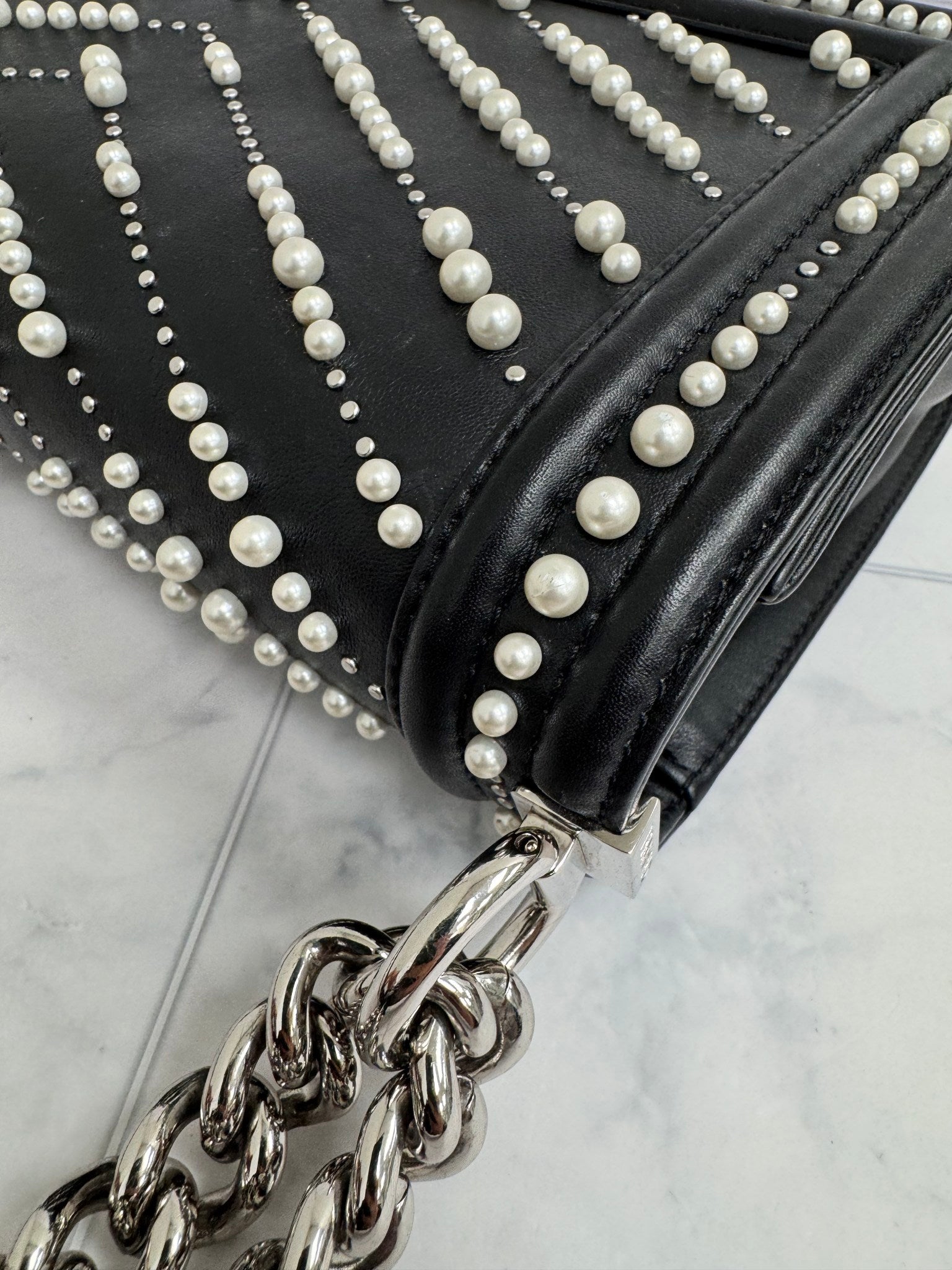 Chanel Black Chevron Pearls Medium Boy Flap Bag