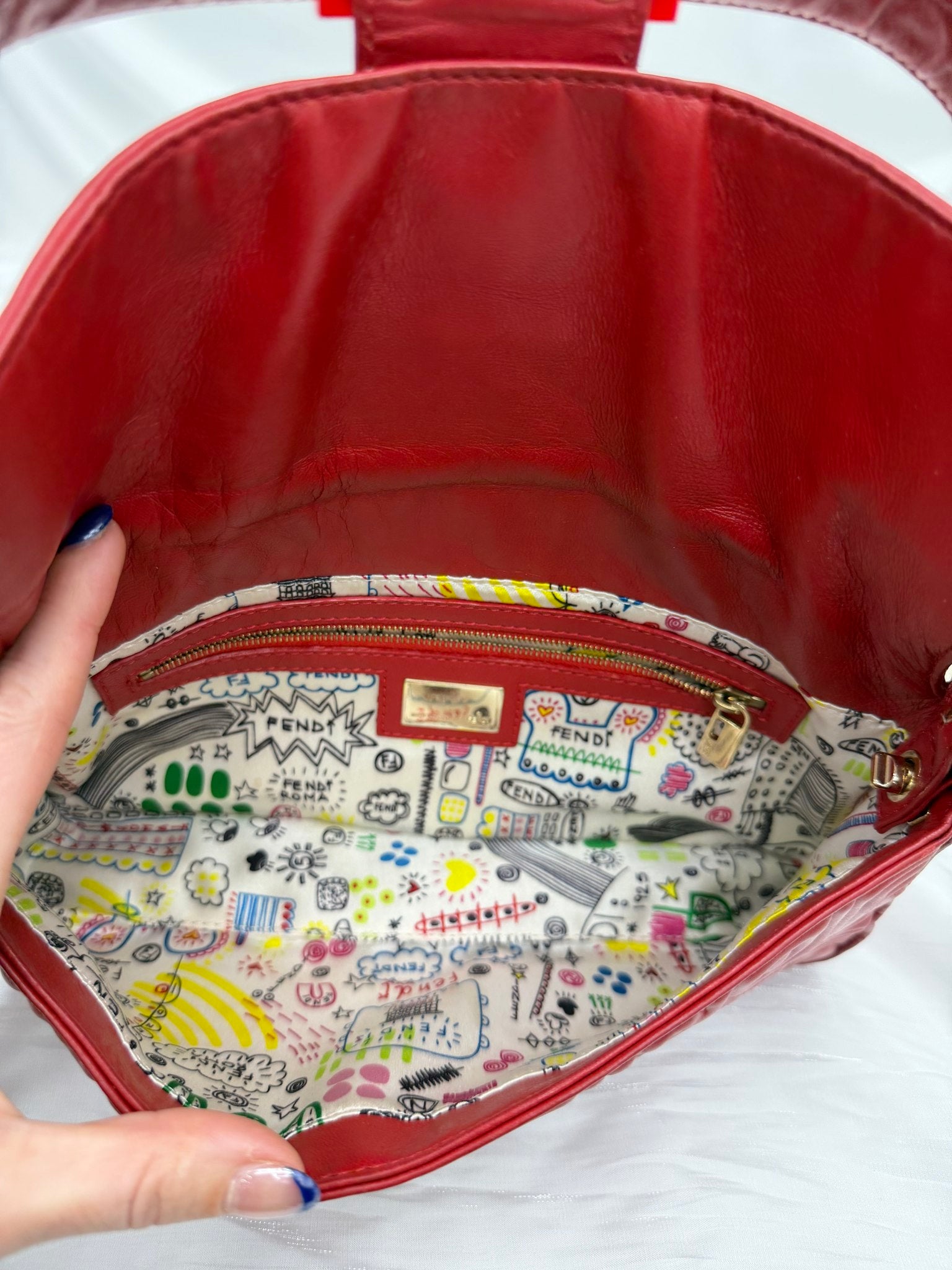 Fendi Red Embossed Leather Baguette