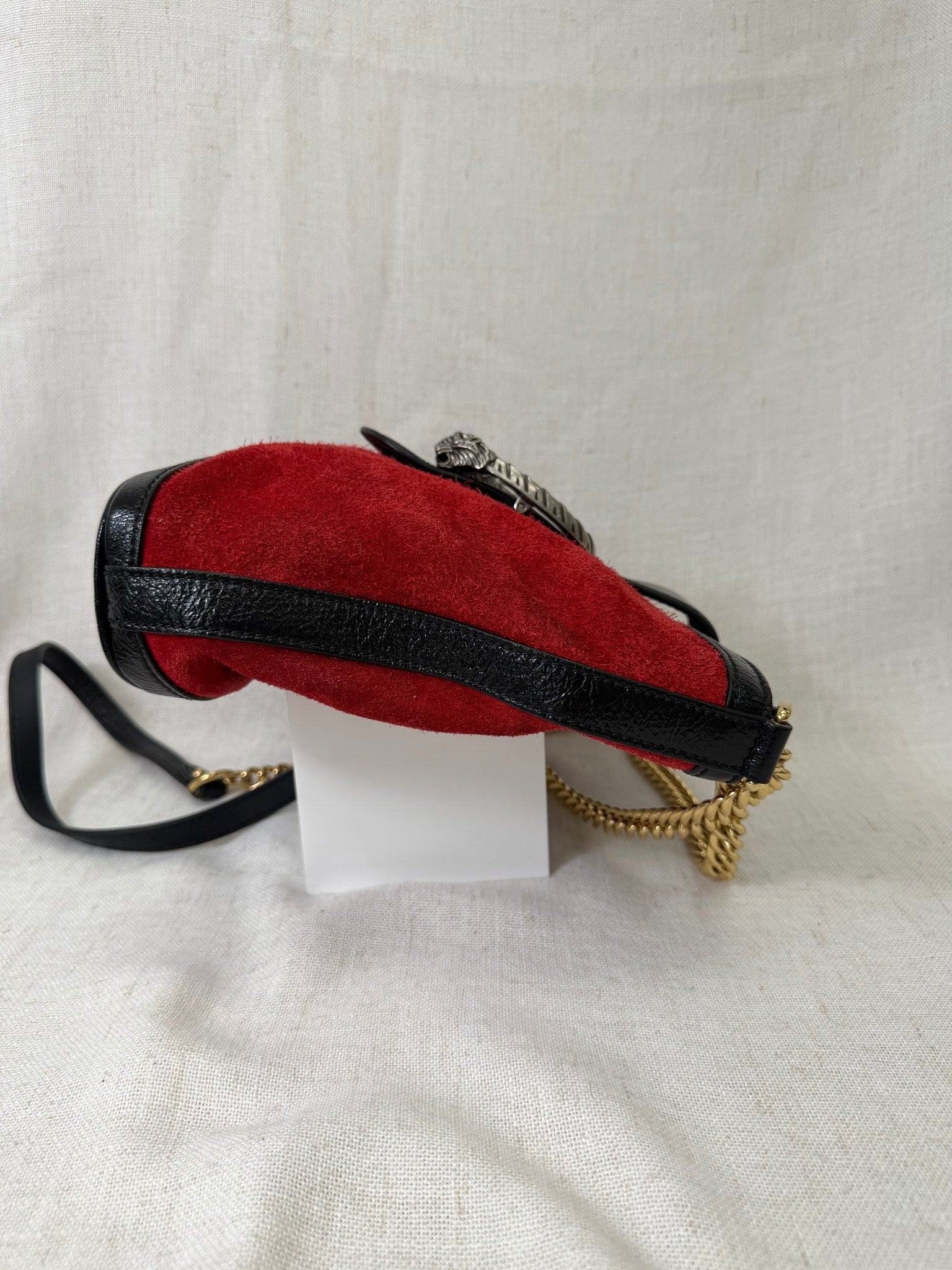 Gucci Red Suede Black Leather Medium Dionysus Bucket Bag