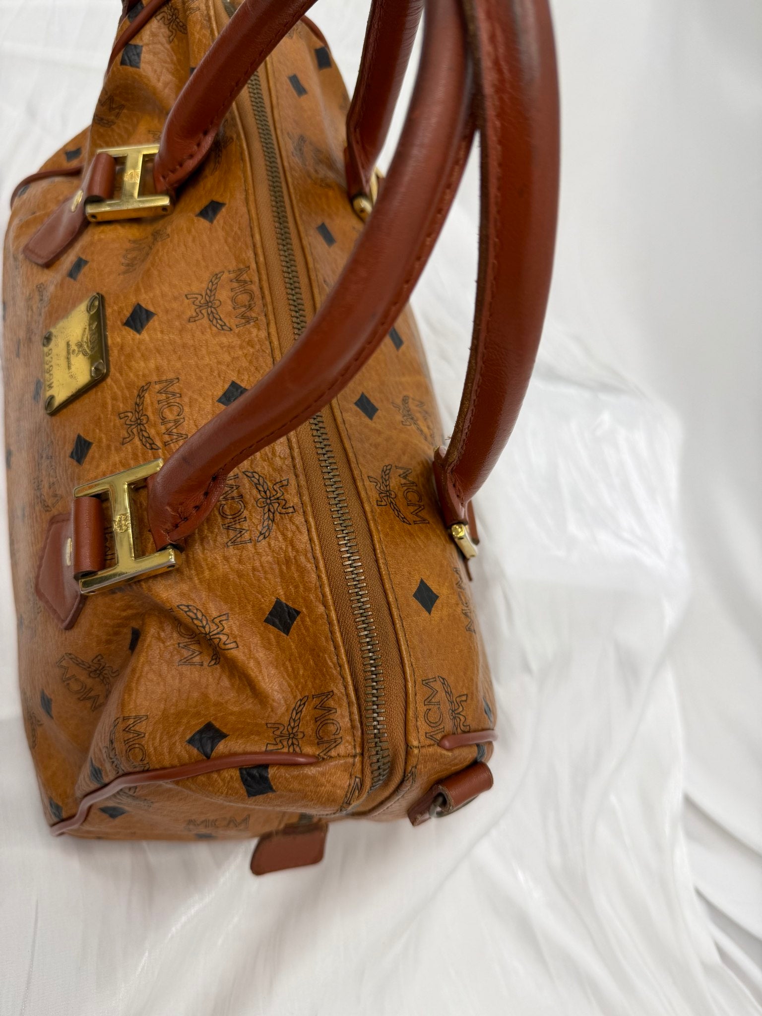 MCM Cognac Visetos Coated Canvas Boston Bag