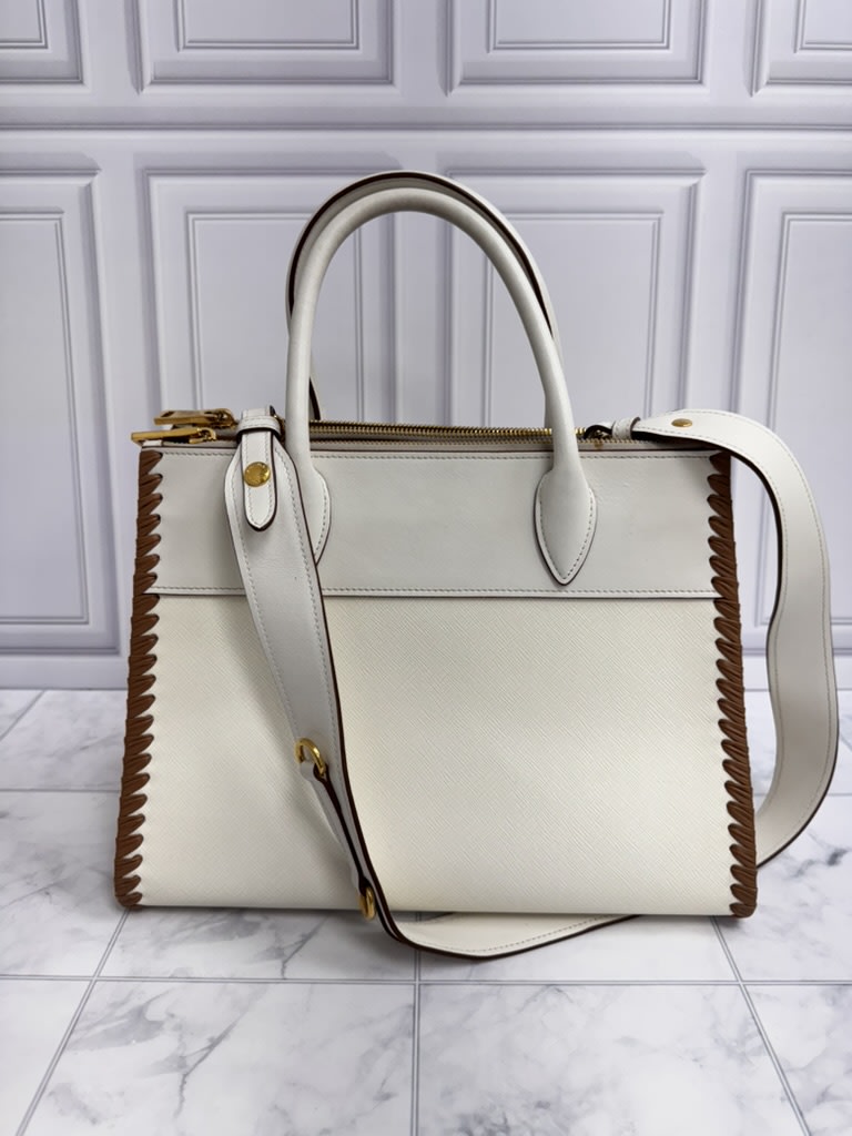 Prada White Saffiano Leather And Whipstitch Trim Paradigme Medium Tote Bag
