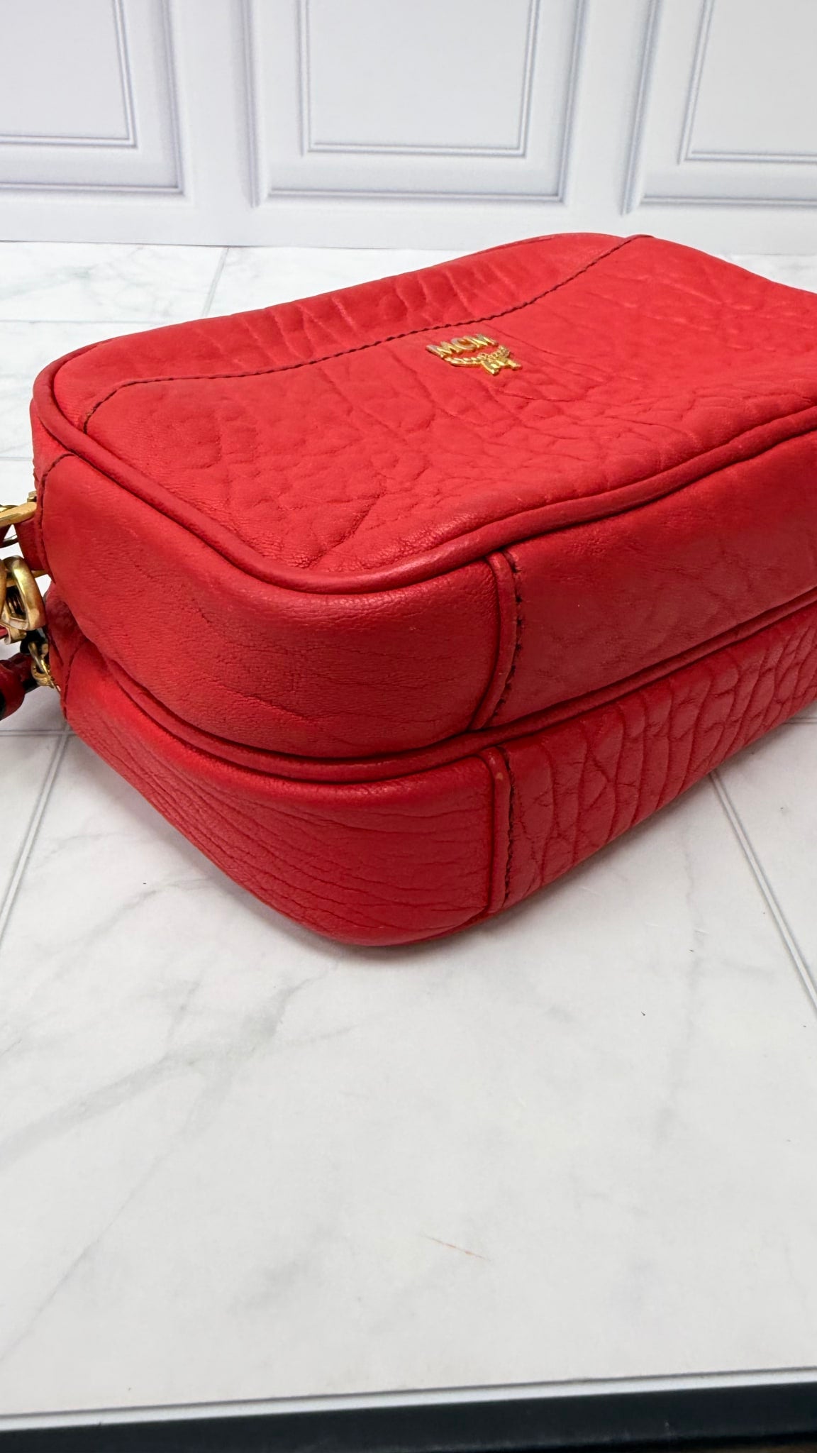 MCM Red Textured Leather Double Zip Camera Bag