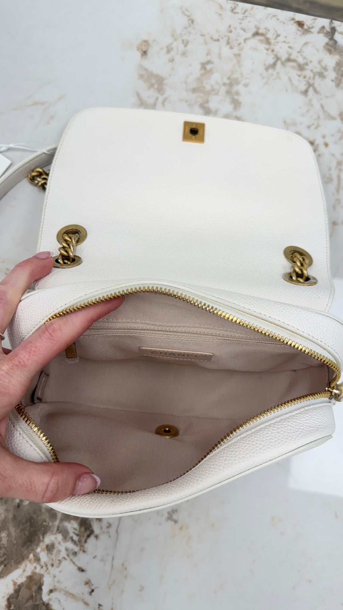 Chanel White Quilted Caviar Leather Small Camera Flap Bag