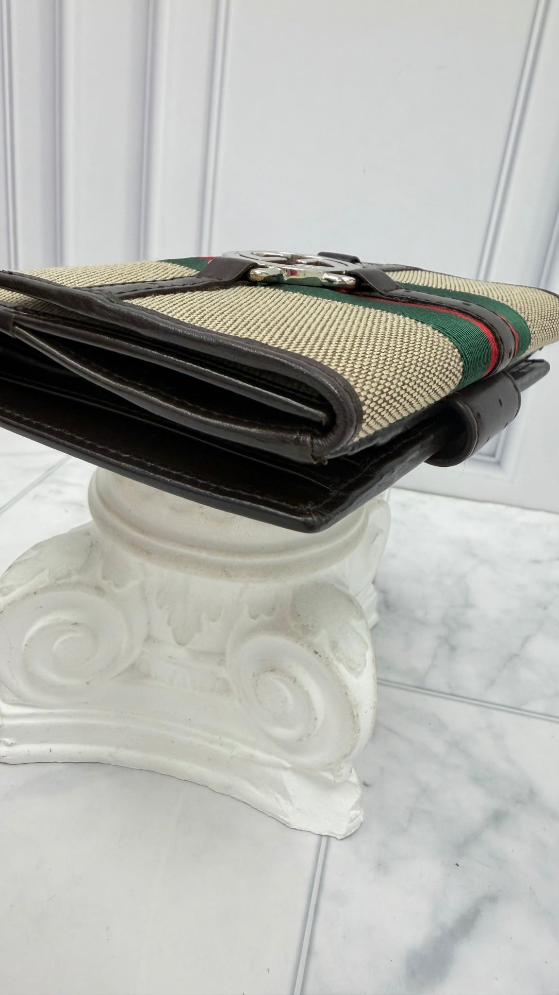 Gucci Vintage Beige & Brown Canvas Interlocking G Web Compact Wallet