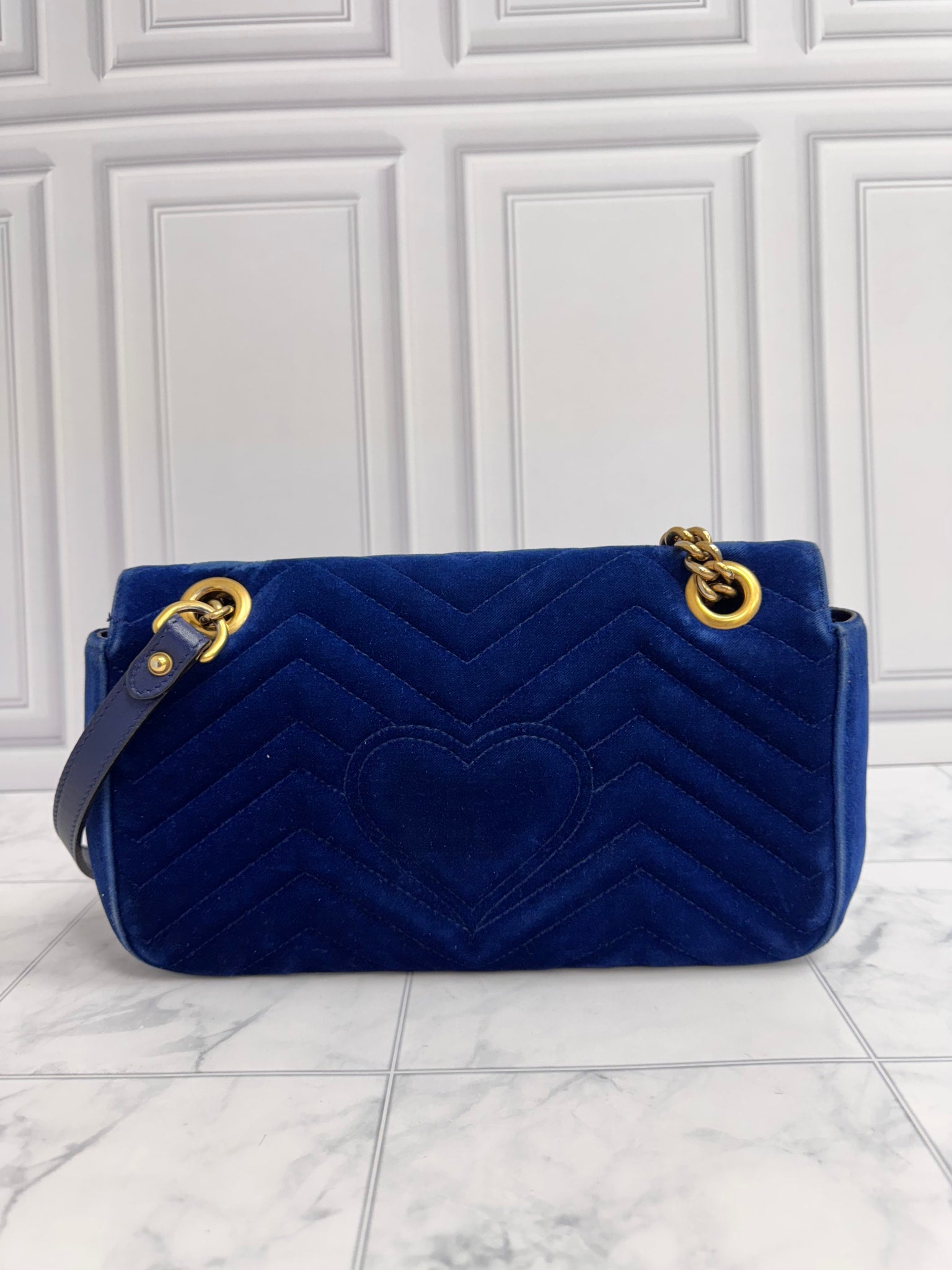 Gucci Blue Chevron Quilted Velvet GG Marmont Shoulder Bag