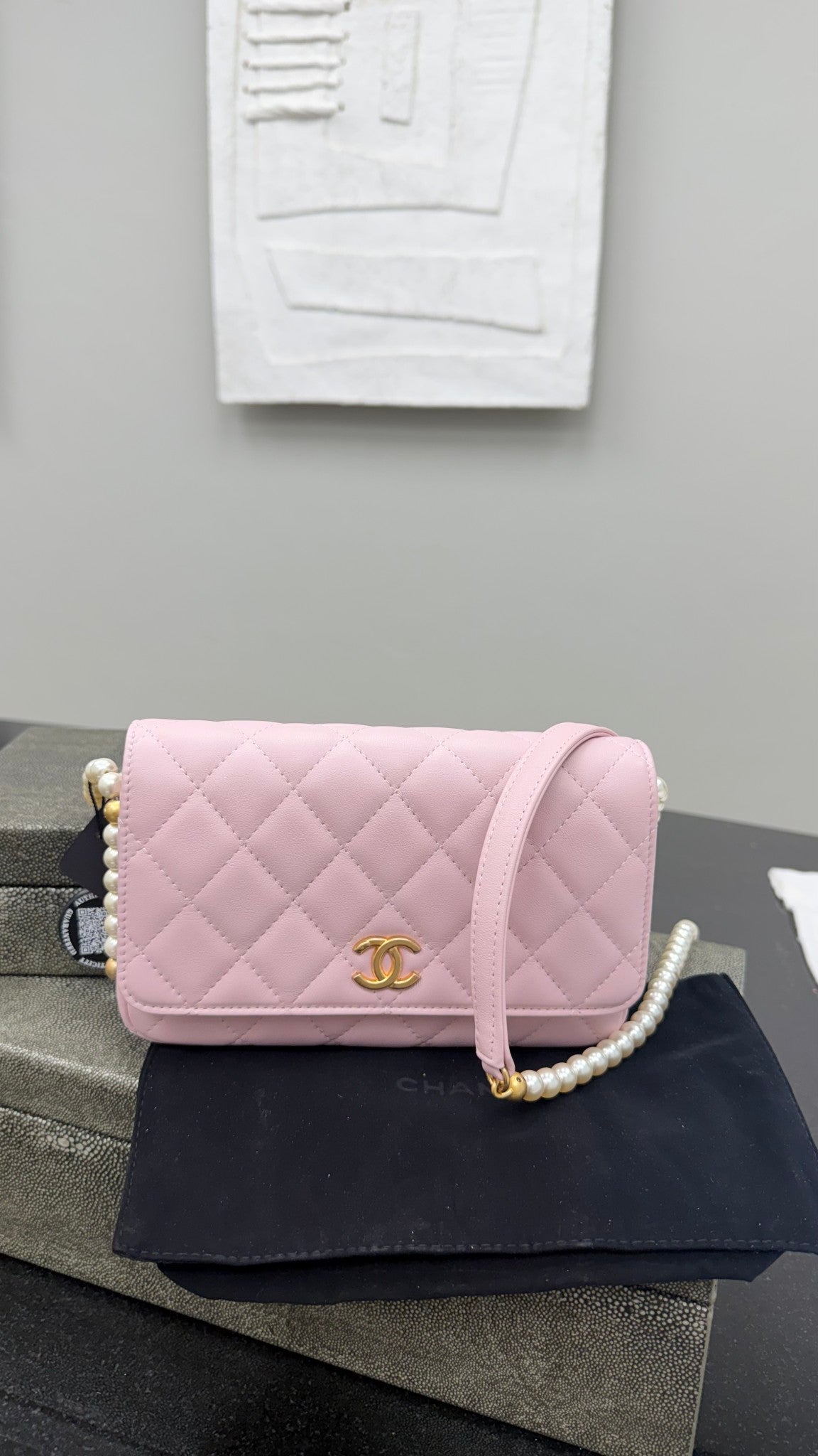Chanel Pink Lambskin Quilted Leather Pearl Wallet On A Chain
