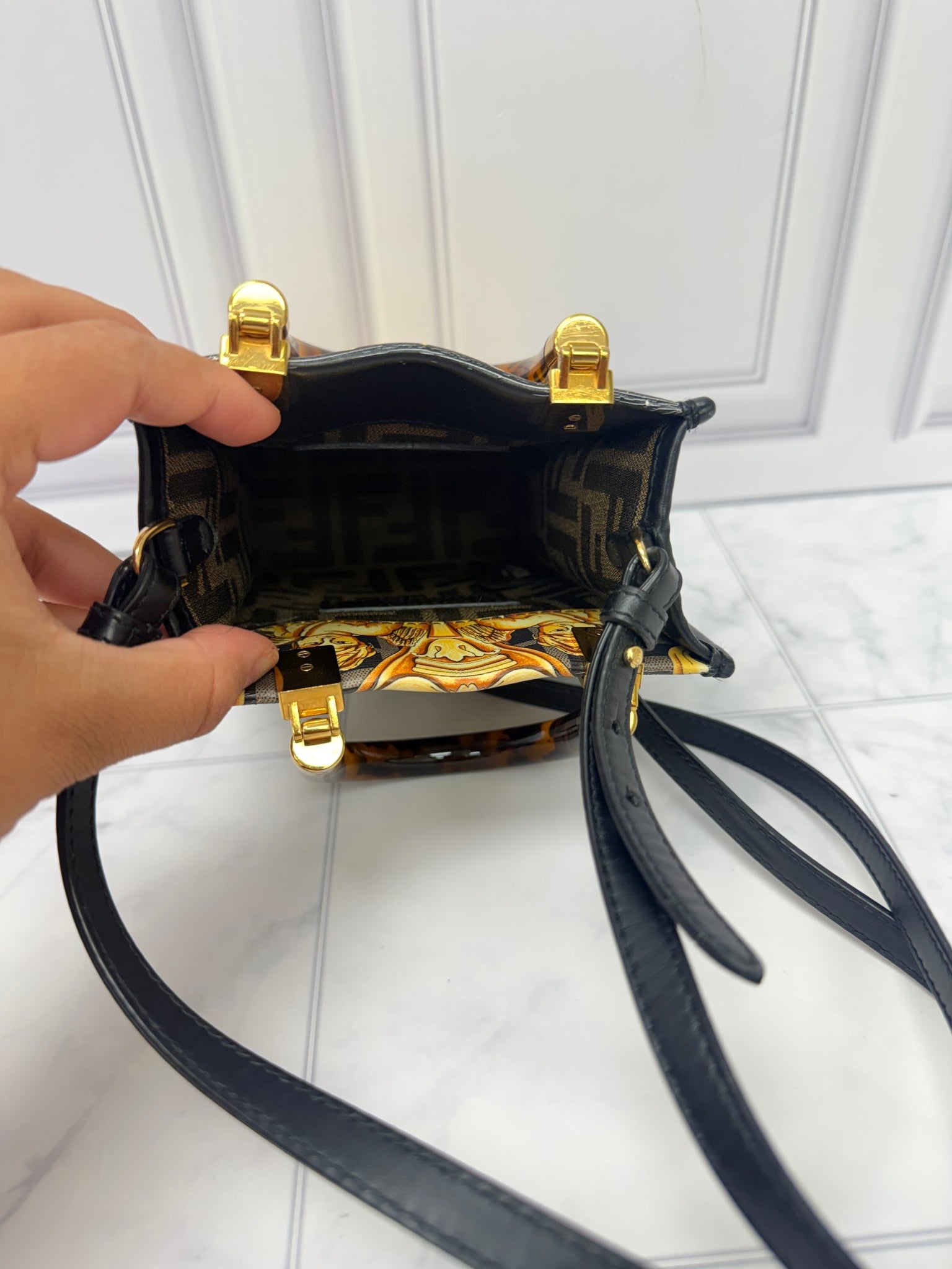 Fendi Yellow And Black Leather Fendace Mini Sunshine Shopper Crossbody Bag
