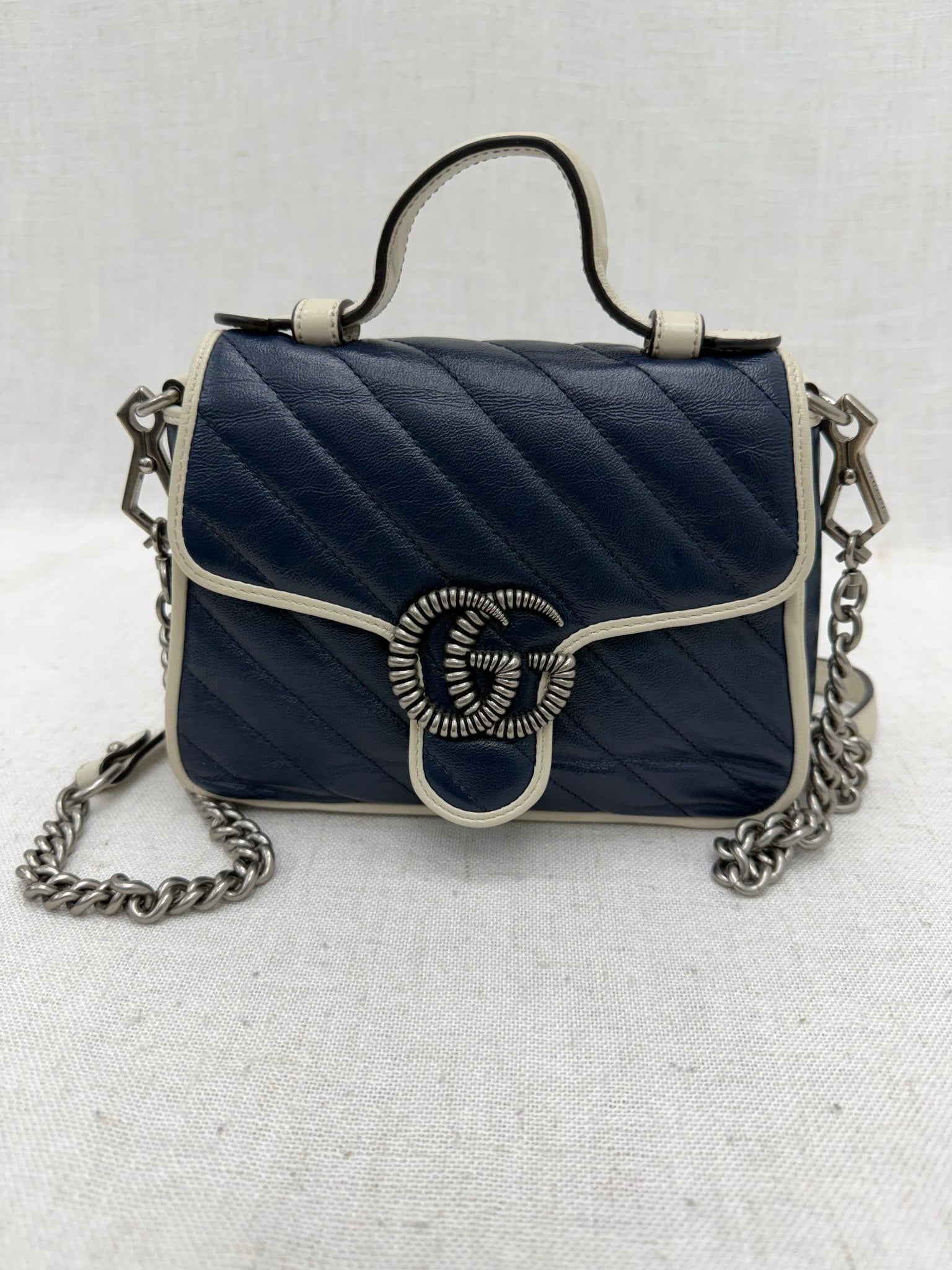 Gucci Navy Blue Leather Mini Marmont Top Handle Bag