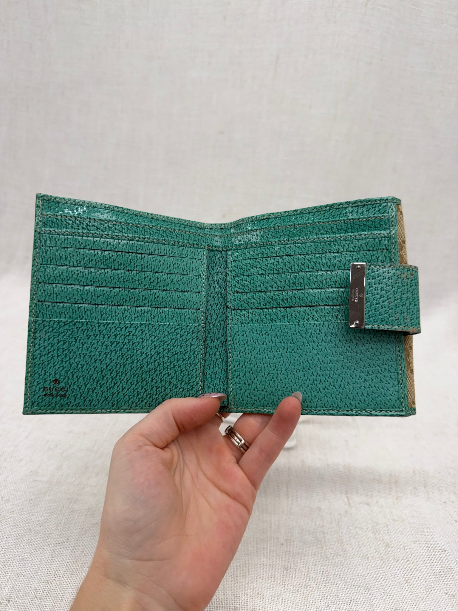 Gucci Tan GG Canvas & Teal Leather Compact Wallet