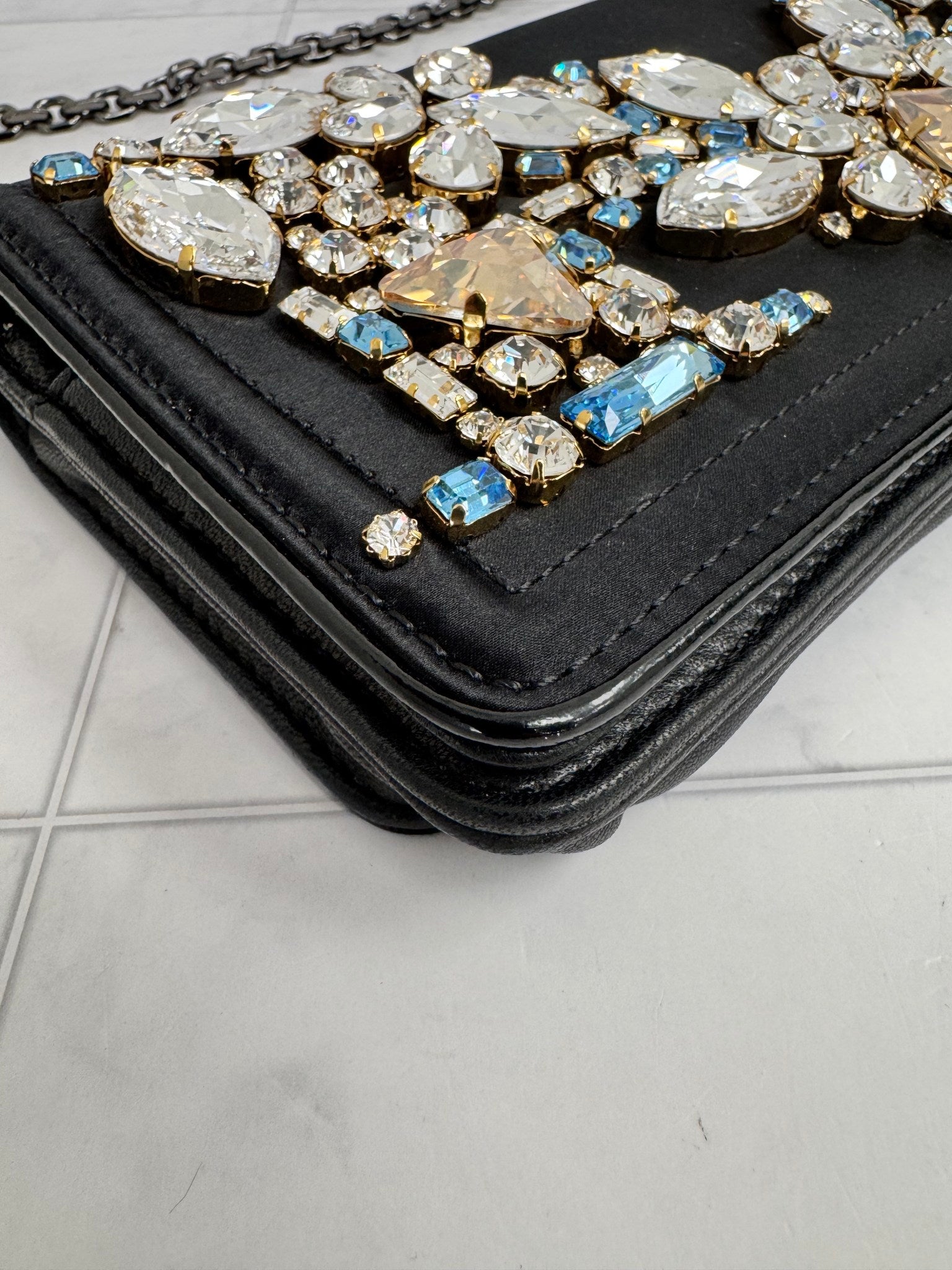 MCM Black Satin And Leather Crystal Embellished Chain Shoulder Bag