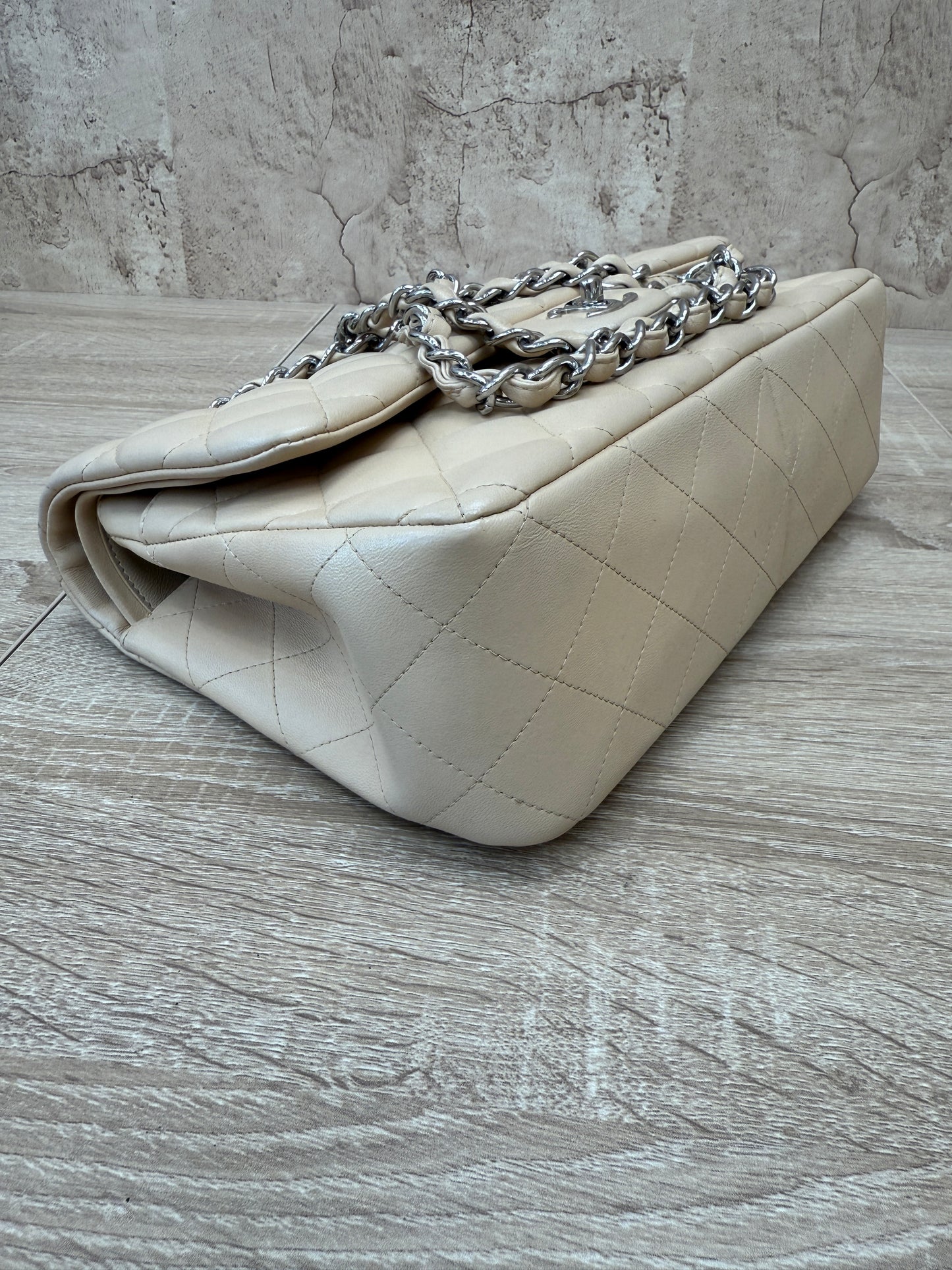 Chanel Beige Quilted Lambskin Jumbo Double Flap Bag