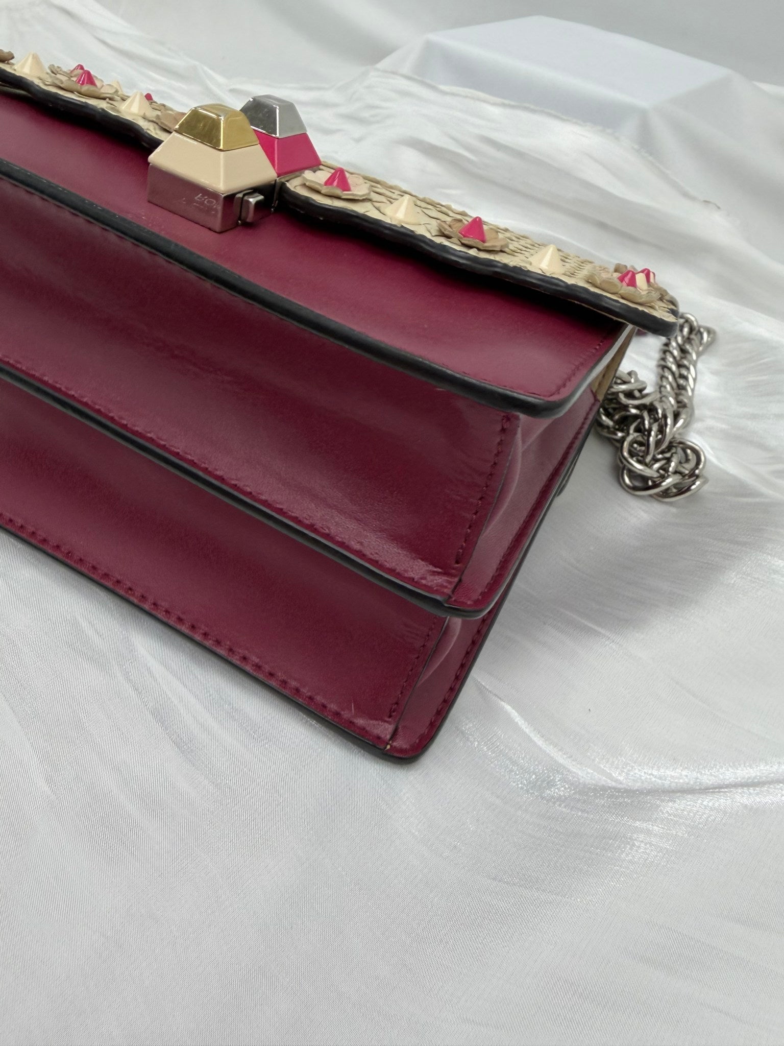 Fendi Ivory Python & Burgundy Leather Small Kan Shoulder Bag