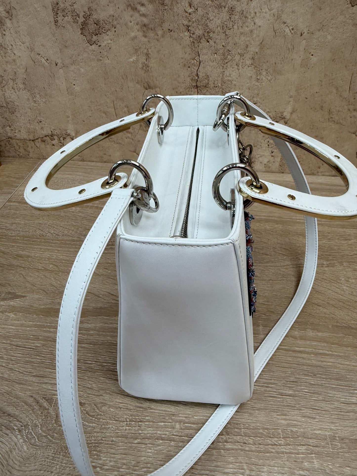 Christian Dior White Leather Patch Embellished Medium Lady Dior