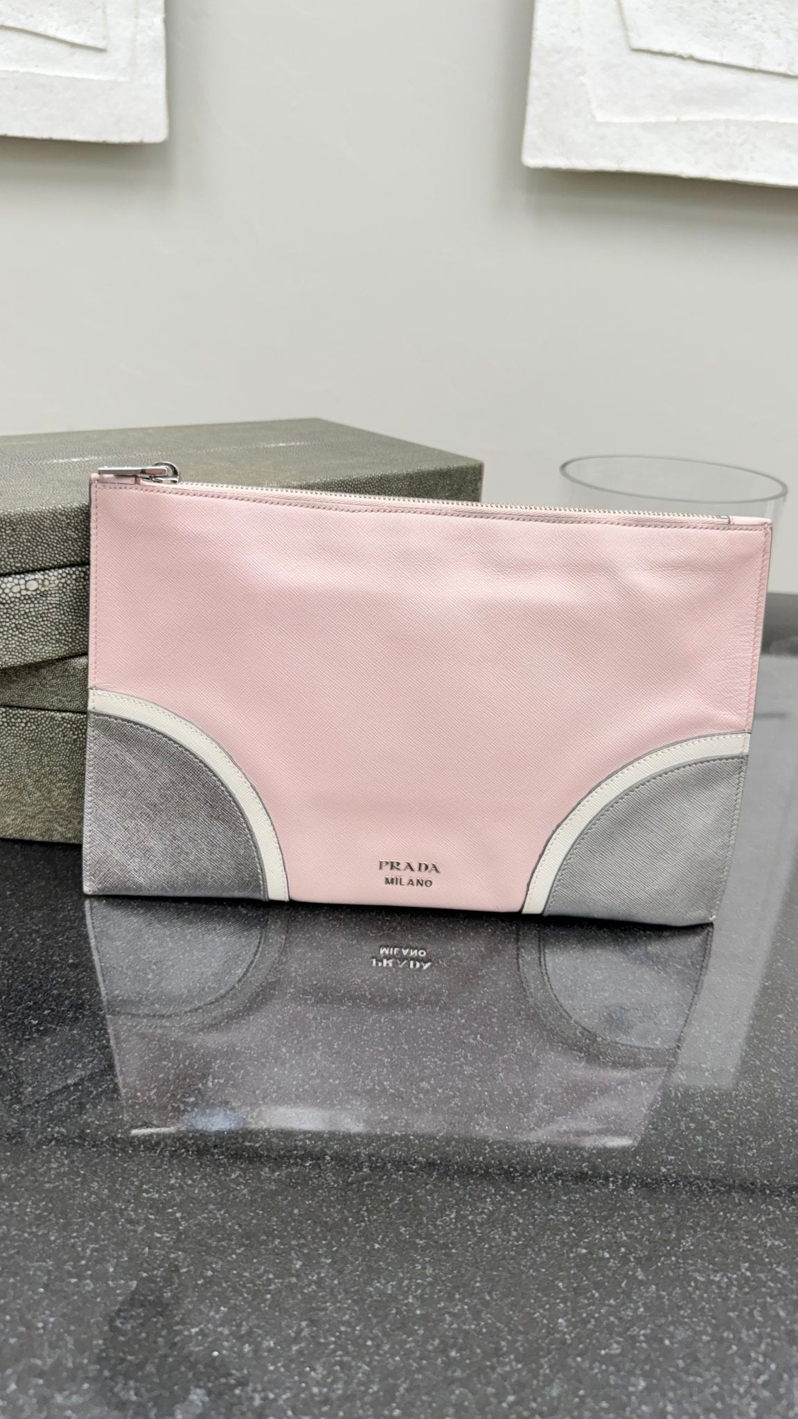 Prada Pink Tricolor Saffiano Leather Zipper Clutch
