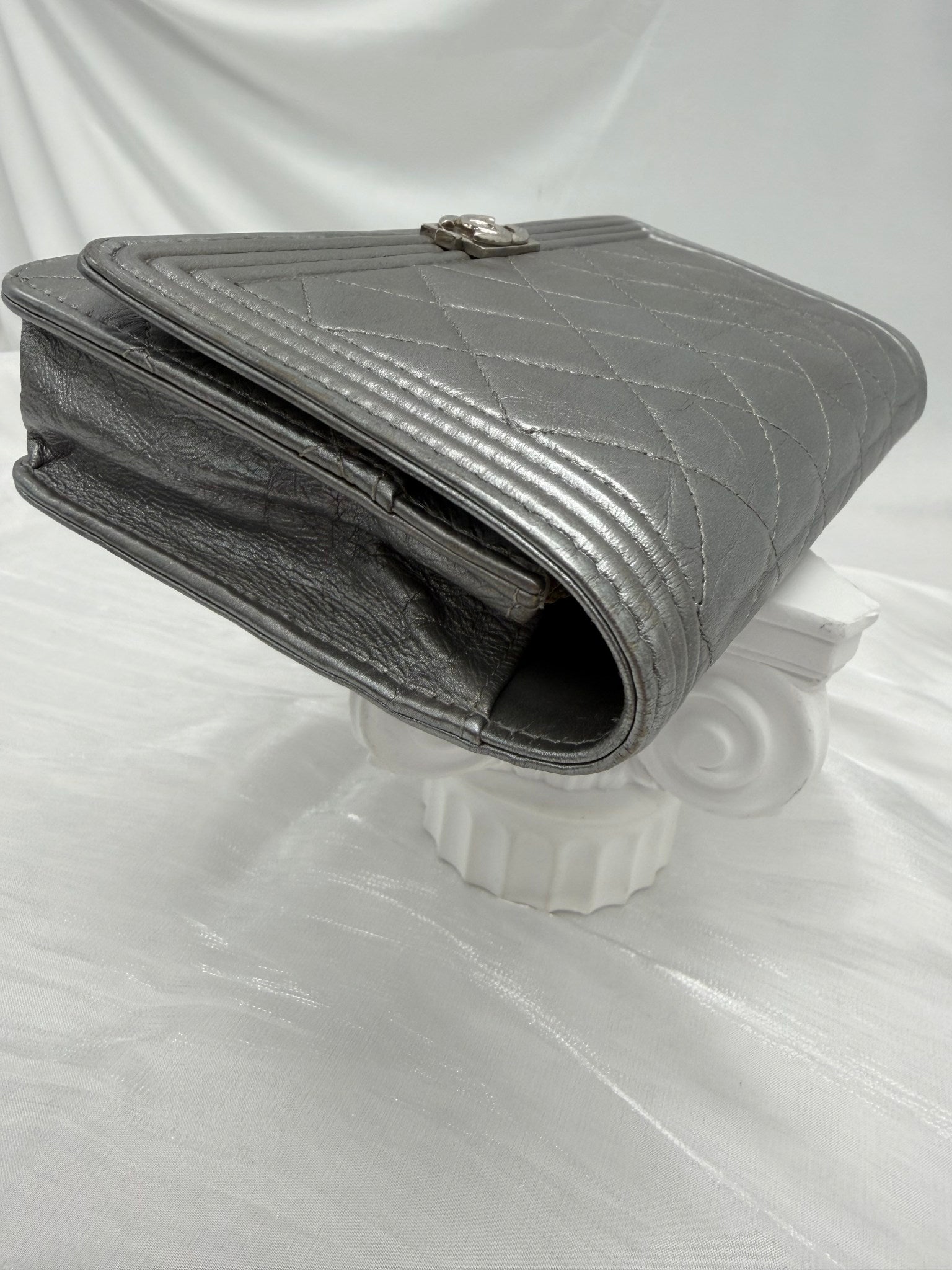 Chanel Silver Quilted Calfskin Boy Wallet on a Chain