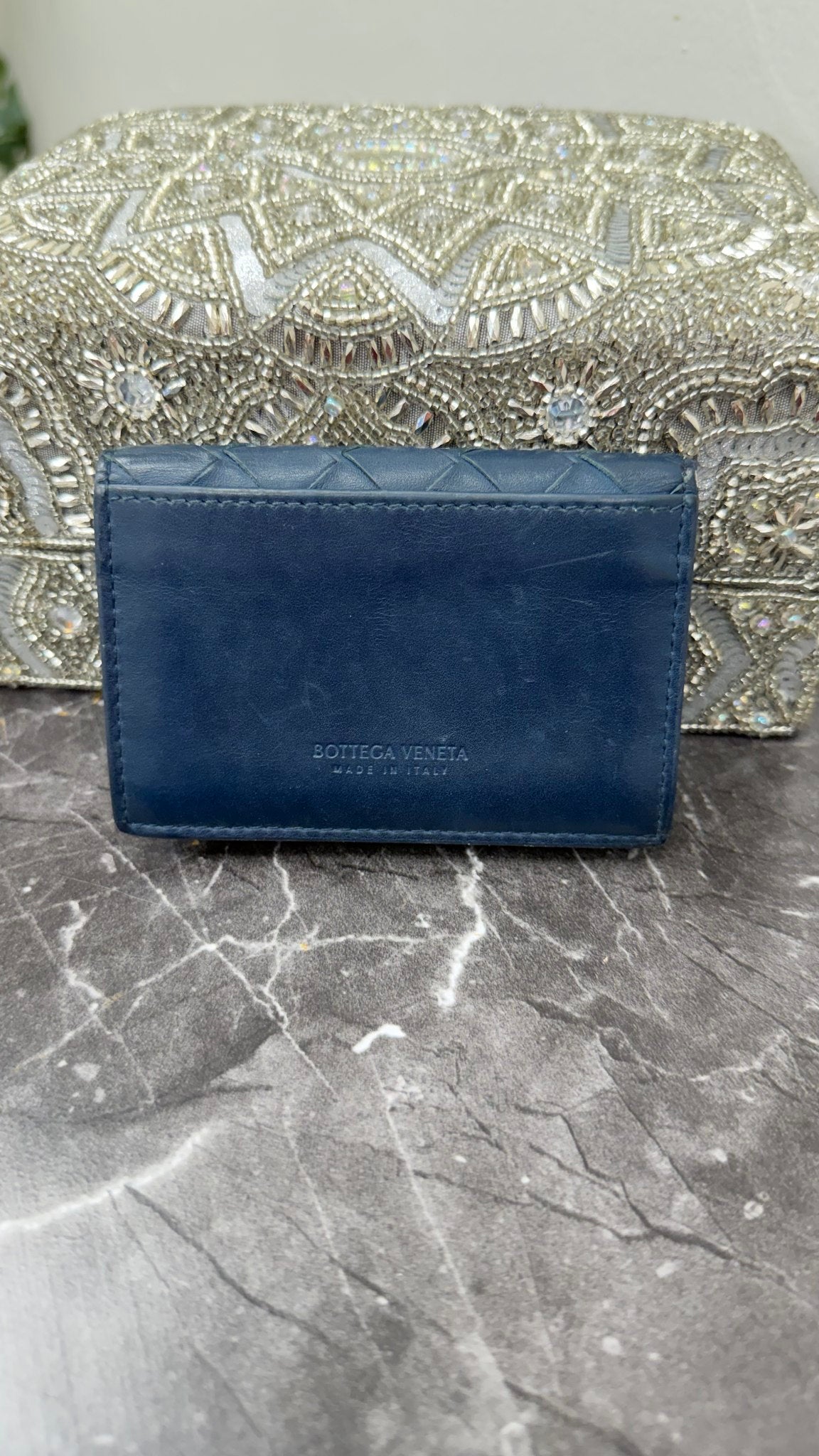 Bottega Veneta Navy Blue Intrecciato Leather Card Holder