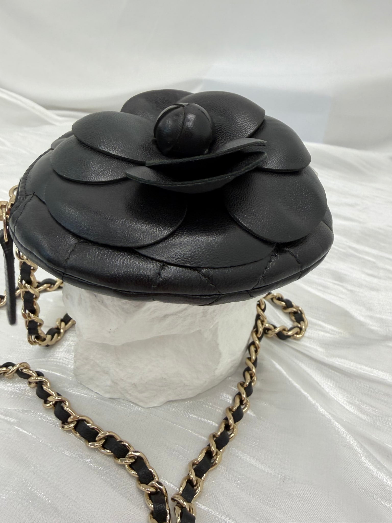 LIKE NEW- Chanel Black Lambskin Round Camellia Clutch on a Chain