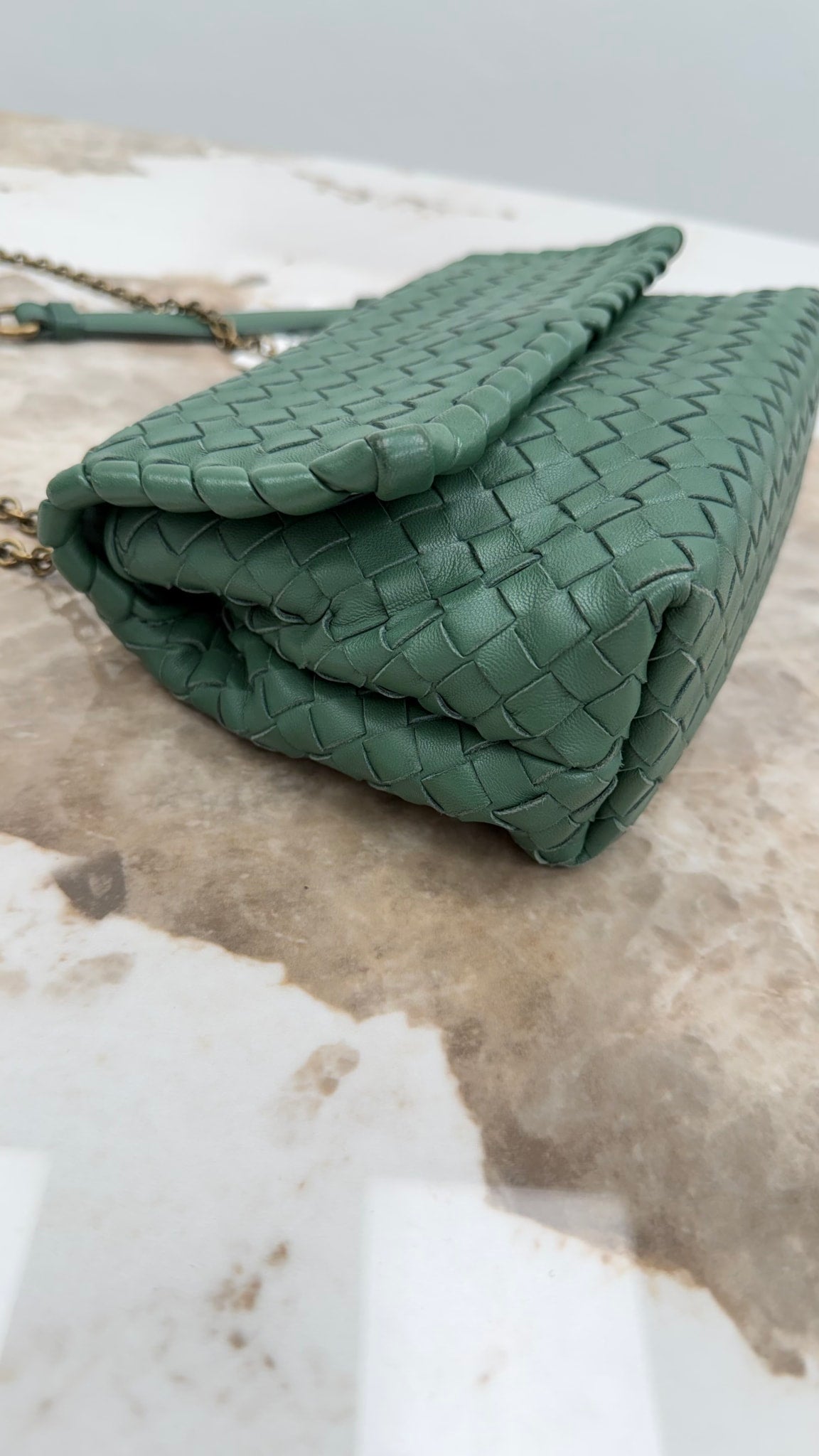 Bottega Veneta Sage Green Intrecciato Leather Olimpia Chain Bag