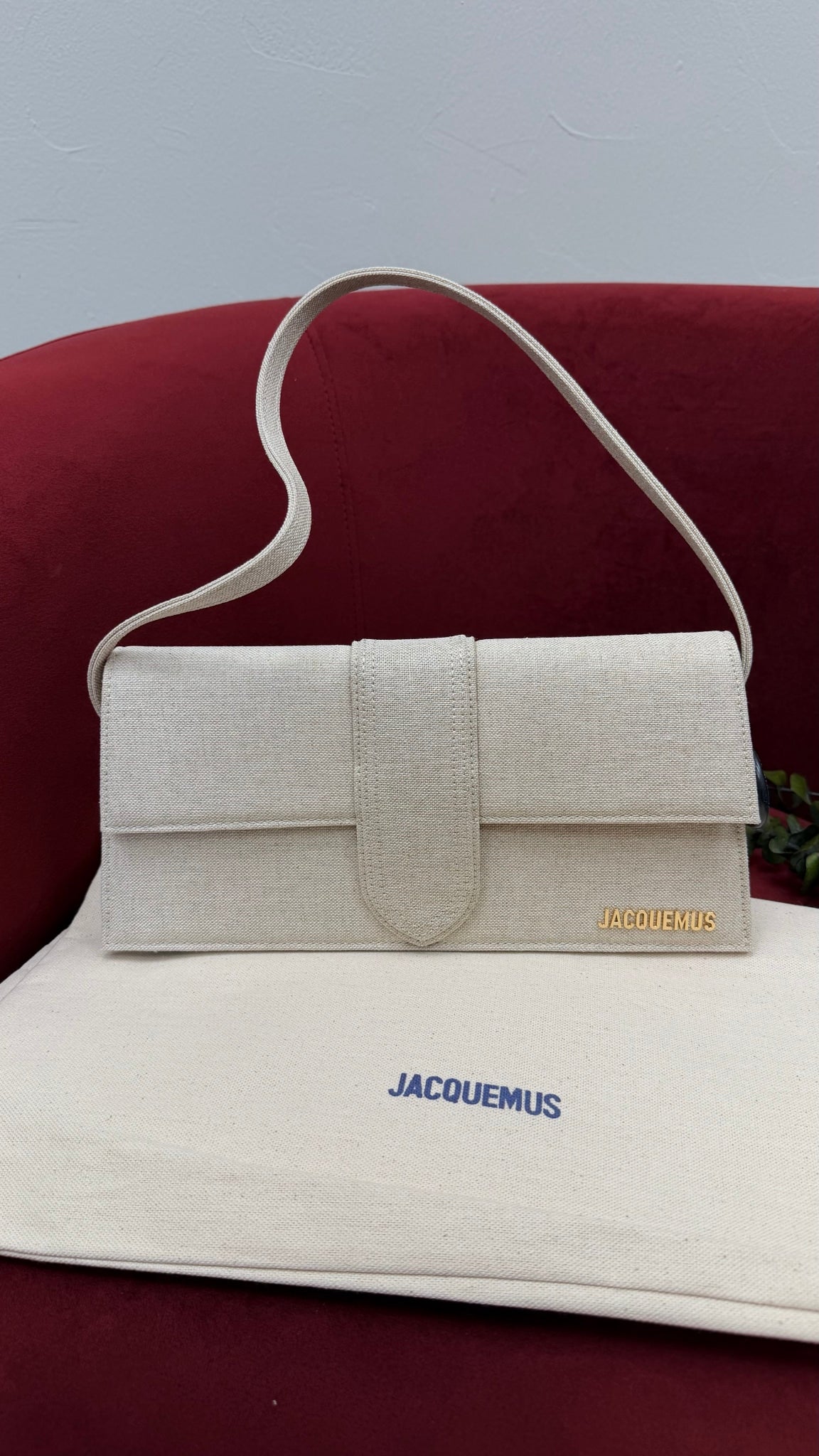 BRAND NEW - Jacquemus Beige Linen Le Bambino Long Shoulder Bag