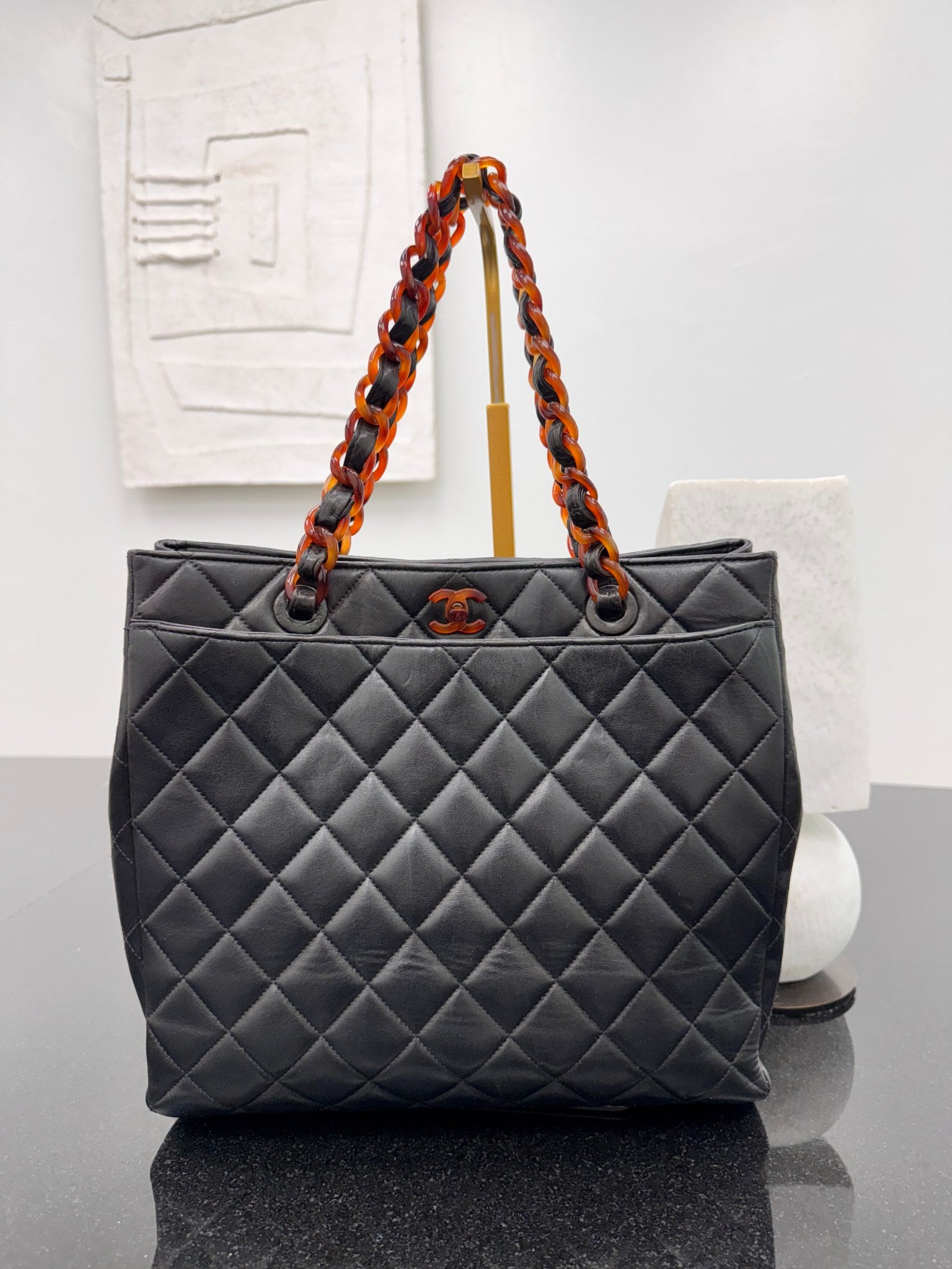 Chanel Vintage Black Quilted Calfskin Leather Tortoise Chain Twist Lock Tote Bag