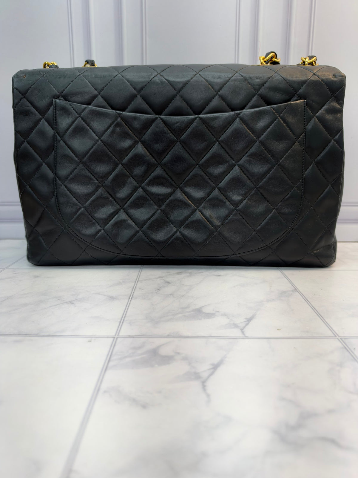 Chanel Black Lambskin And 24K Gold Plated Jumbo XL Maxi Flap Handbag