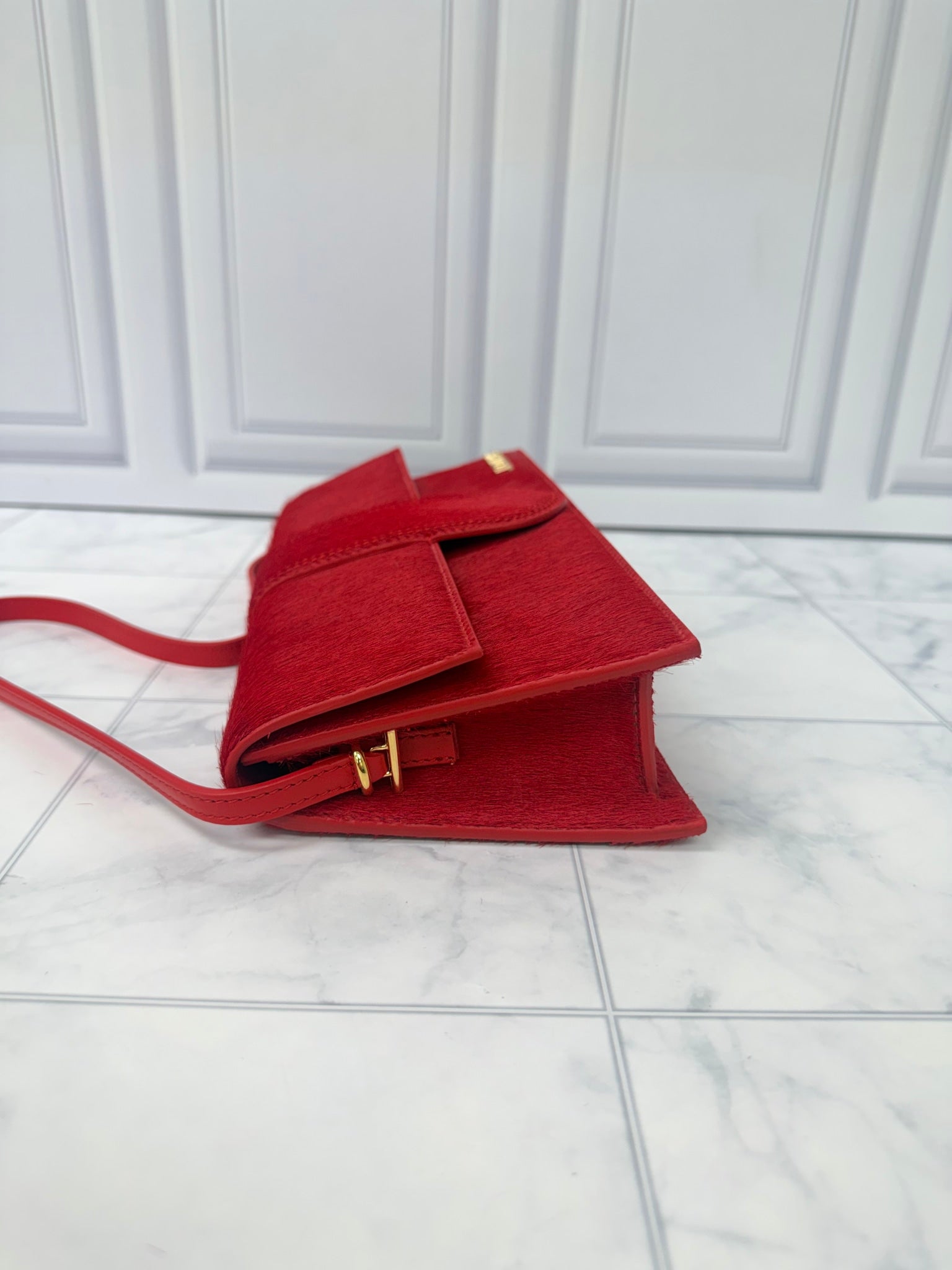 BRAND NEW - Jacquemus Red Pony Hair Le Bambino Long Shoulder Bag