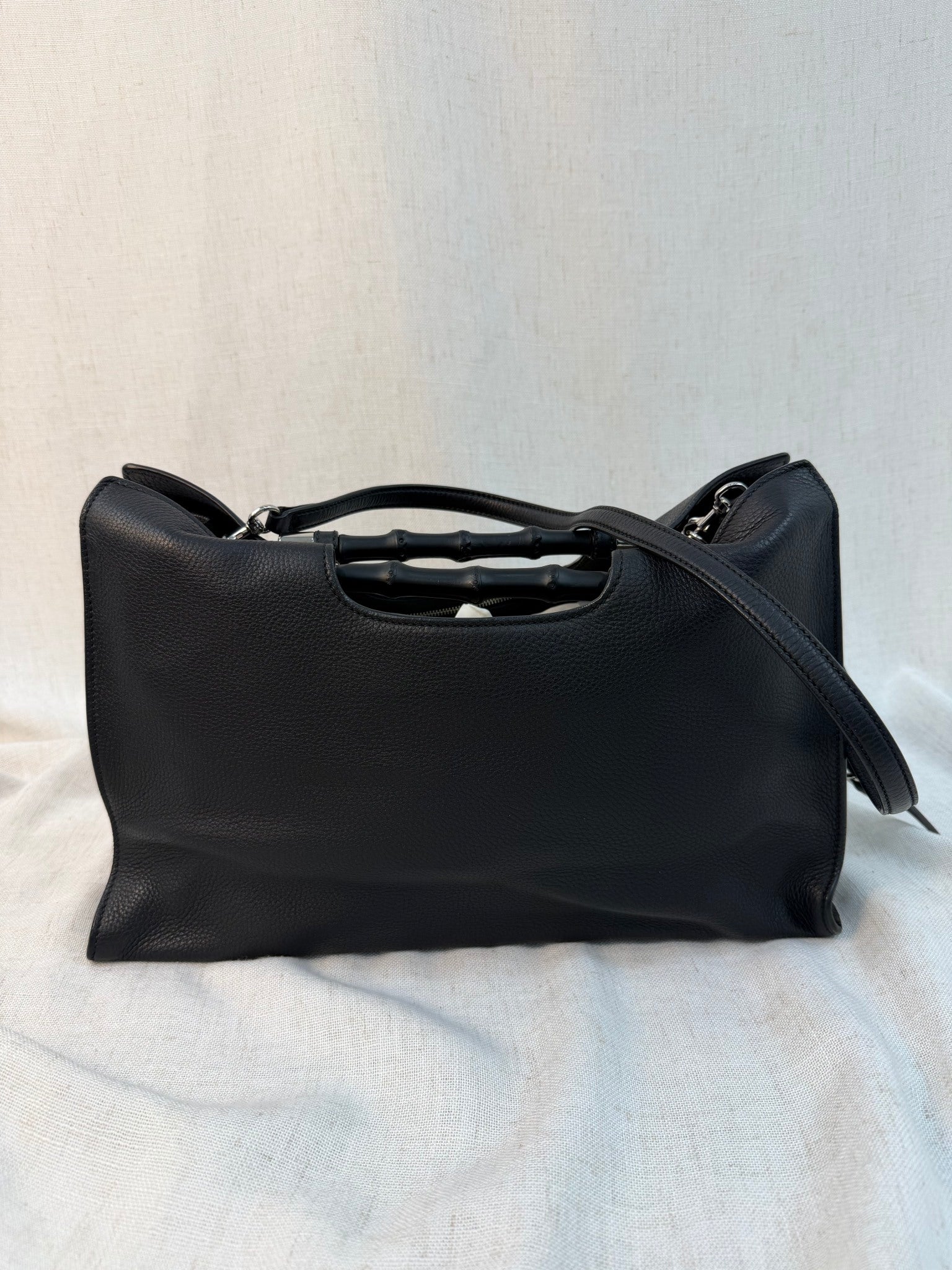 Gucci Black Leather Bamboo Handle Two Way Bag
